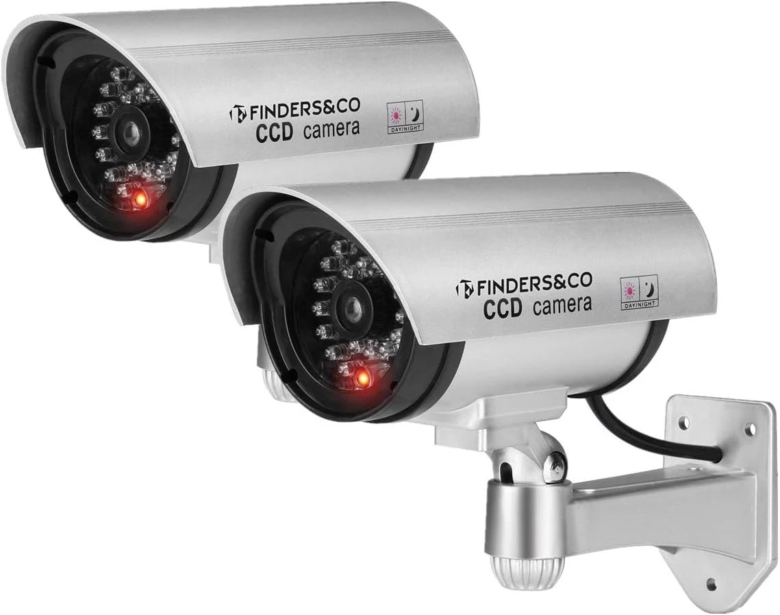 F FINDERS&CO Fake Security Camera, Dummy CCTV Surveillance System with Realistic Red Flashing Lights and Warning Sticker (2, Silver)