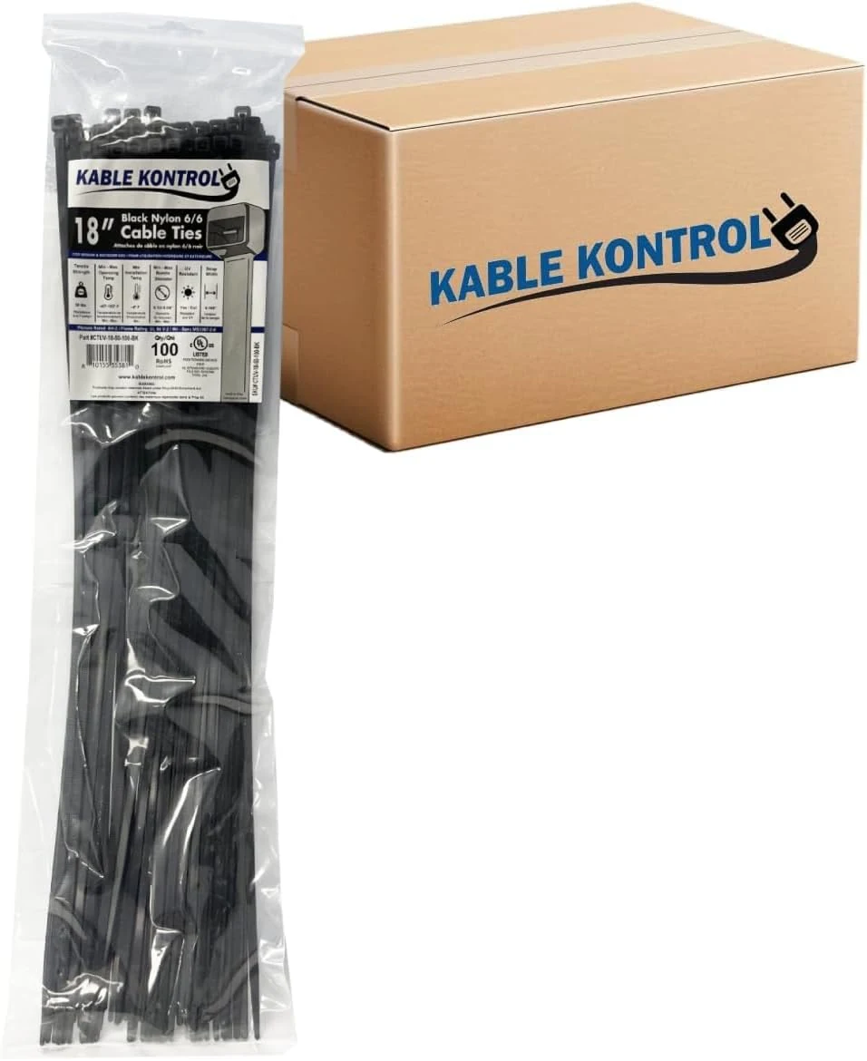 Kable Kontrol Cable Zip Ties Black 5000 Pcs 18 Inch, 50 Lbs Tensile Strength