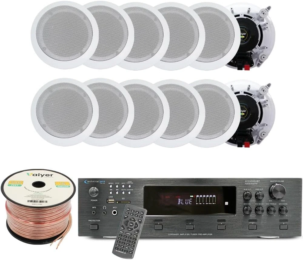 Vaiyer Home Audio System Kit, 6-Channel 6000 Watts Bluetooth Amplifier with 5.25" 12 QTY of 175 W Each in-Wall in-Ceiling Speakers & 16 AWG 500 ft. Speaker Wire