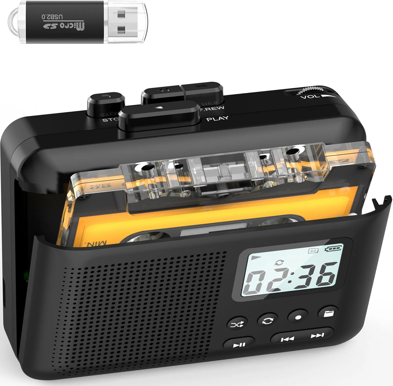 Gracioso Portable Cassette Player, Cassette to MP3 via SD Card (Black)