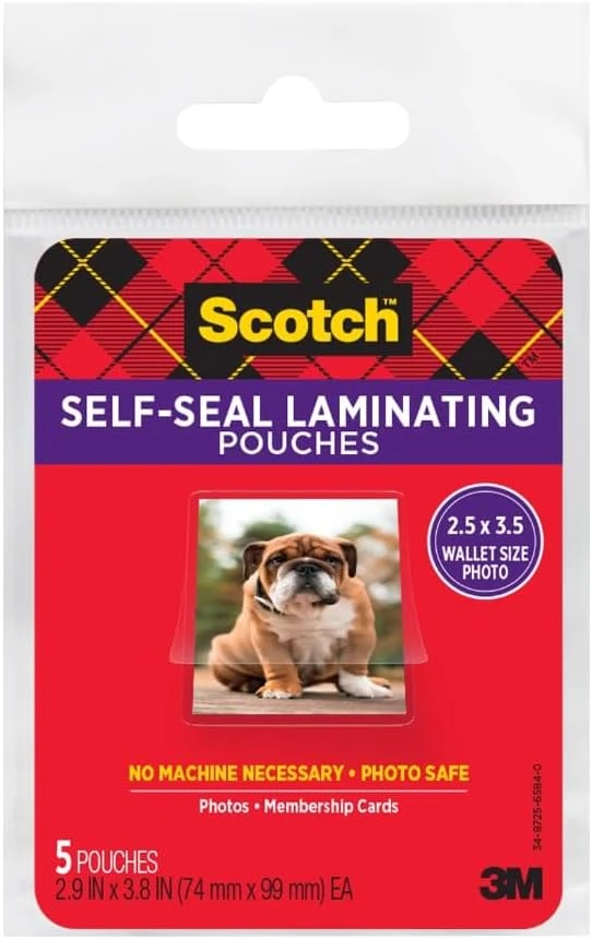 Scotch Self-Sealing Laminating Pouches, Glossy Finish, Wallet Photo Size 2 1/2 in x 3 1/2 in, 5 Pouches