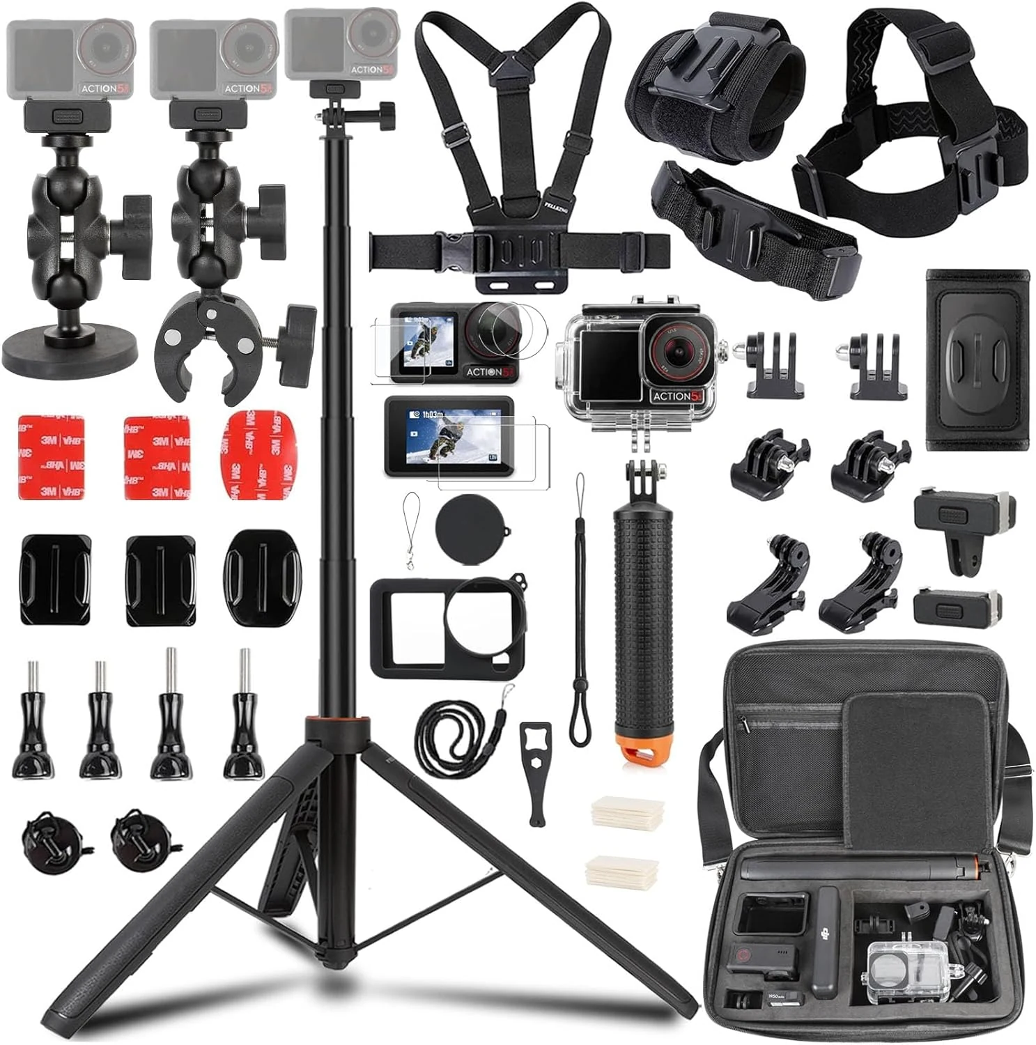 PellKing Accessories Kit for DJI Osmo Action 5pro/4/3,Carrying Case with Belt 135cm Selfie Stick Tripod Waterproof Housing Floating Handle Grip Magnetic Handlebar Mount Qucik Release4 in 1 Body Mount