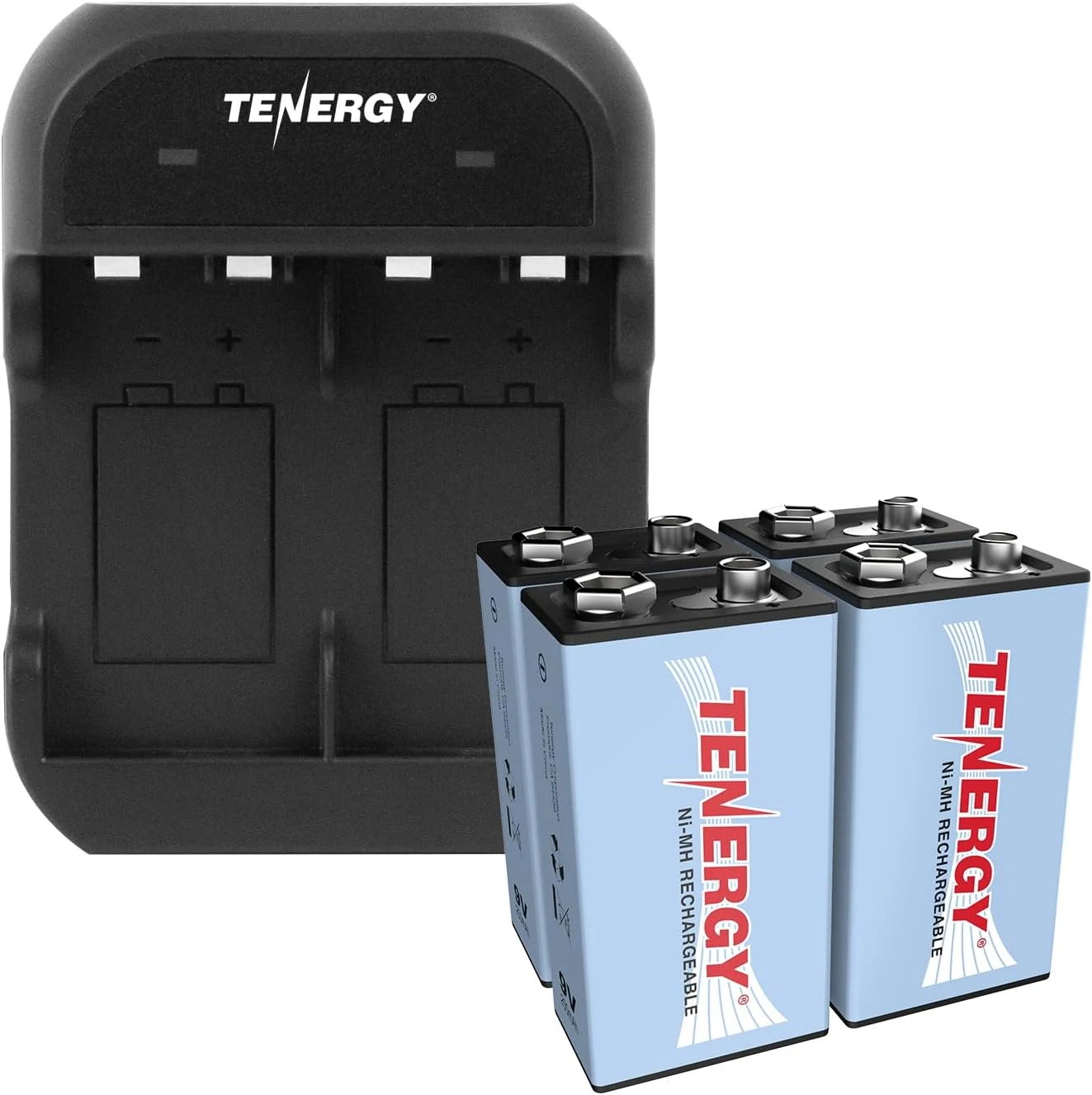 Tenergy 9V Battery Rechargeable 250mAh 4 Pack NiMH Square Battery with 2 Bay 9V Battery Charger
