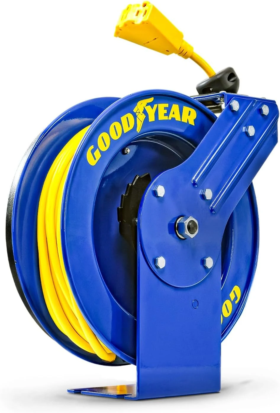 Goodyear Retractable Extension Cord Reel – Heavy-Duty Commercial Cable with Triple Tap Connector, Auto-Rewind & Wall/Ceiling Mountable (Industrial, 12AWG x 80 ft)
