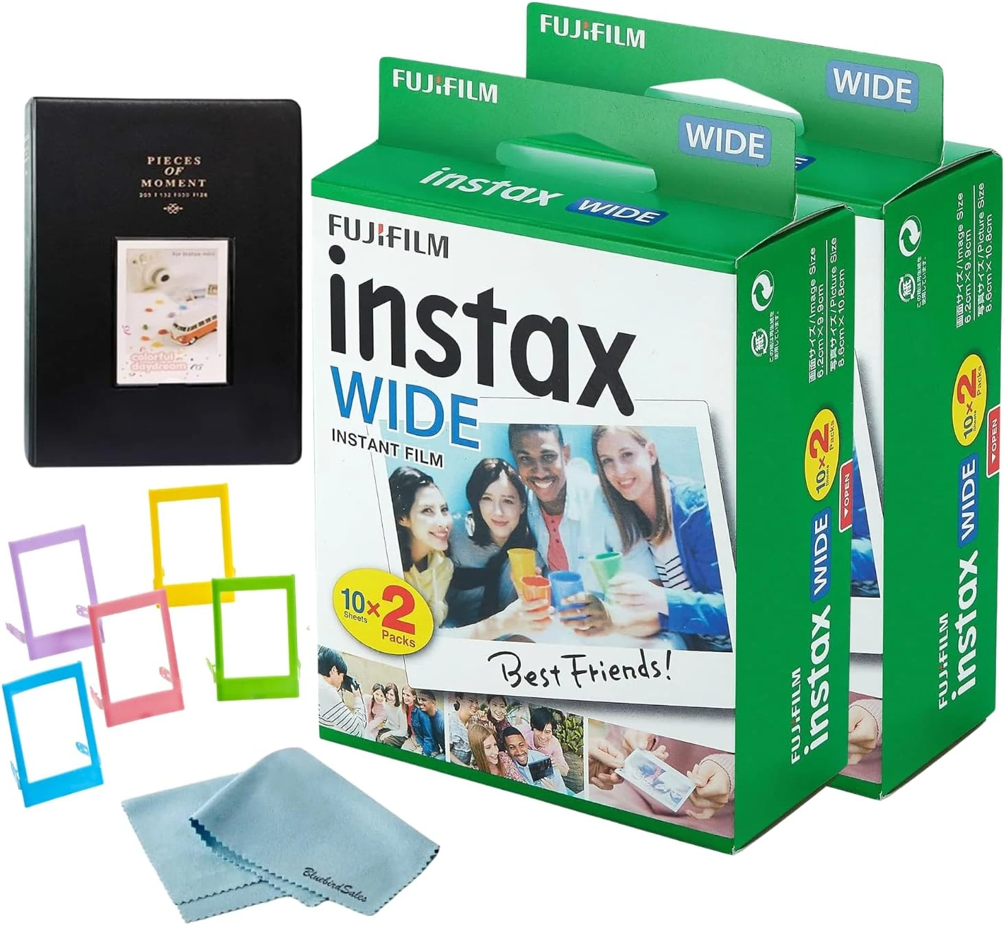 Fujifilm Instax Wide Instant Film (40 Exposures) + BluebirdSales Photo Album + Frames and Microfiber Cleaning Cloth (Pack of 2)