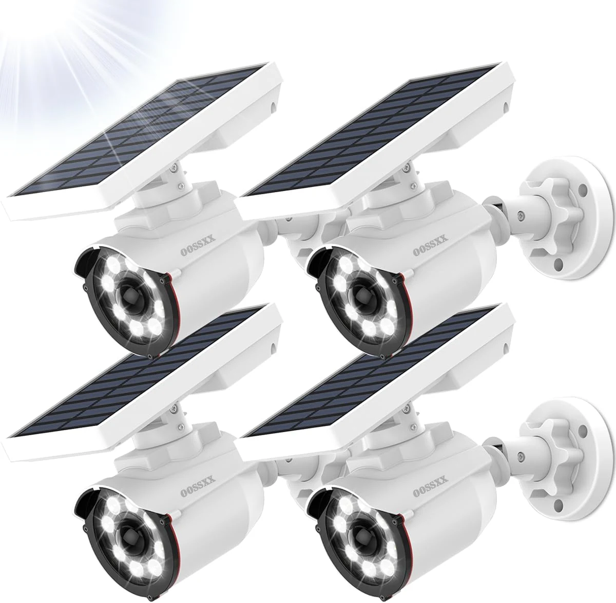 OOSSXX Solar Powered Outdoor Wireless Simulated Cameras Fake Camera Wire Free Solar Motion Light Motion Sensor Floodlights Spotlight (4-Pack)