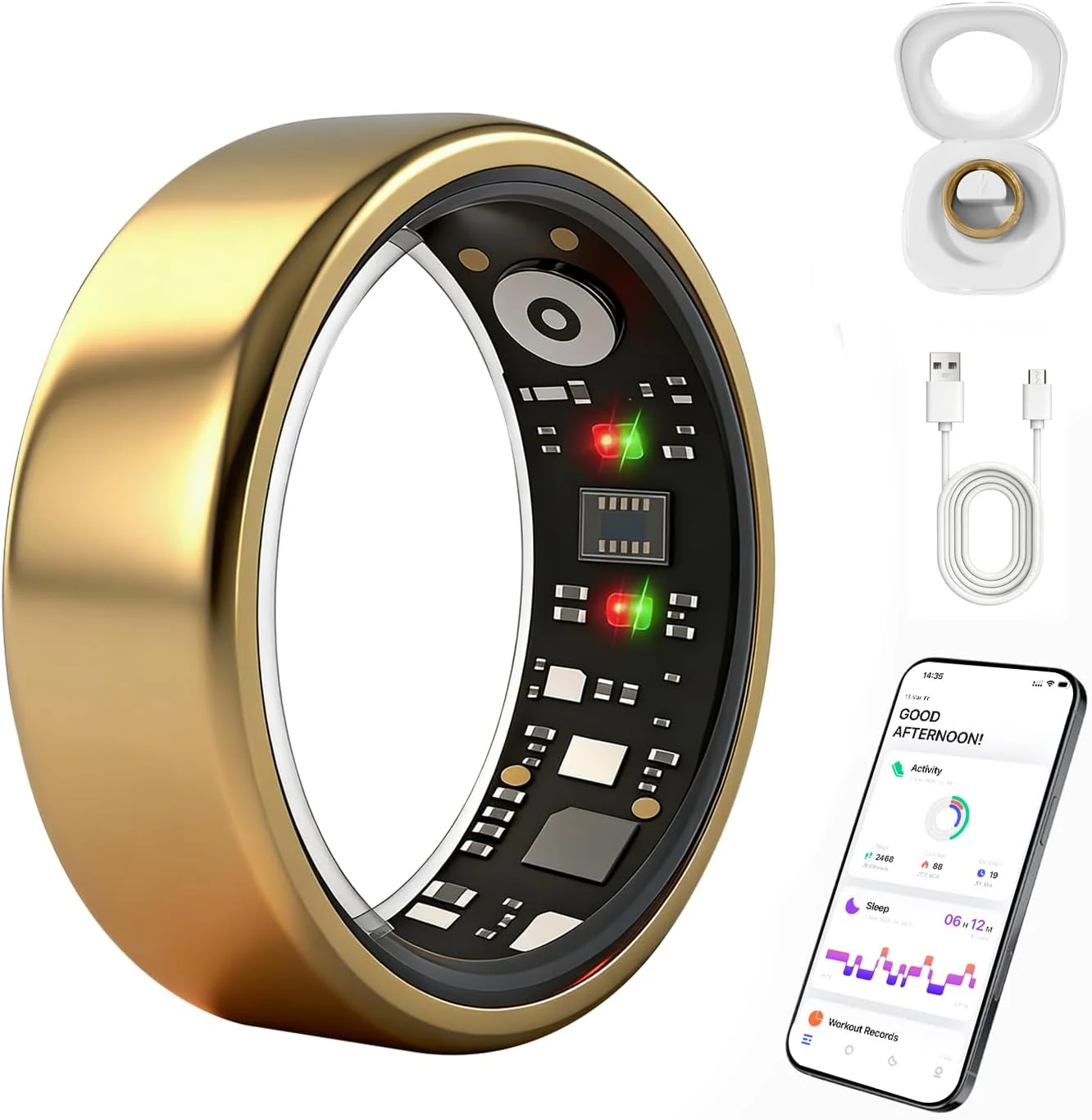 Smart Ring for Women Men, Health Fitness Ring Gen 3 with Free App No Subscription Fee, Stress & Sleep Monitor, Heart Rate & Step Tracker, IP68 Waterproof, Android/iOS Compatible (Gold,9)