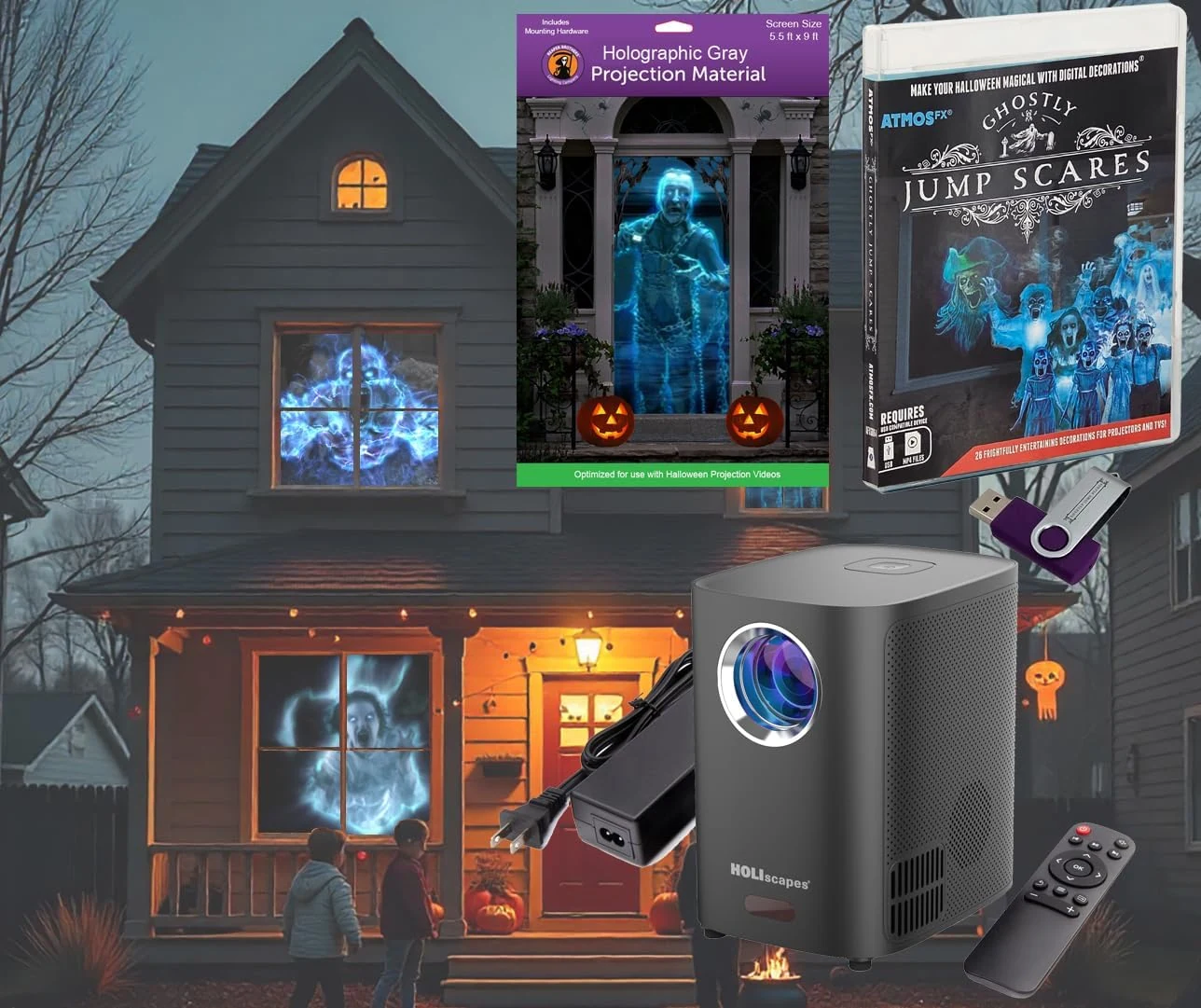 HoliScapes® USB Projector Kit - AtmosFx Ghostly Jump Scares USB + Projector + 5.5' x 9' Large Gray Holographic Screen