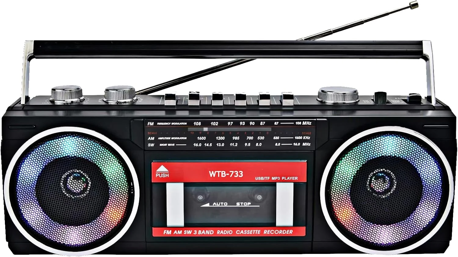 Retro 80's Cassette Player Recorder with AM/FM/SW Radio, Bluetooth Boombox, USB, Built-in MIC for Voice Recording, RGB Colorful Lights, Headphone Jack, AC or Battery Powered