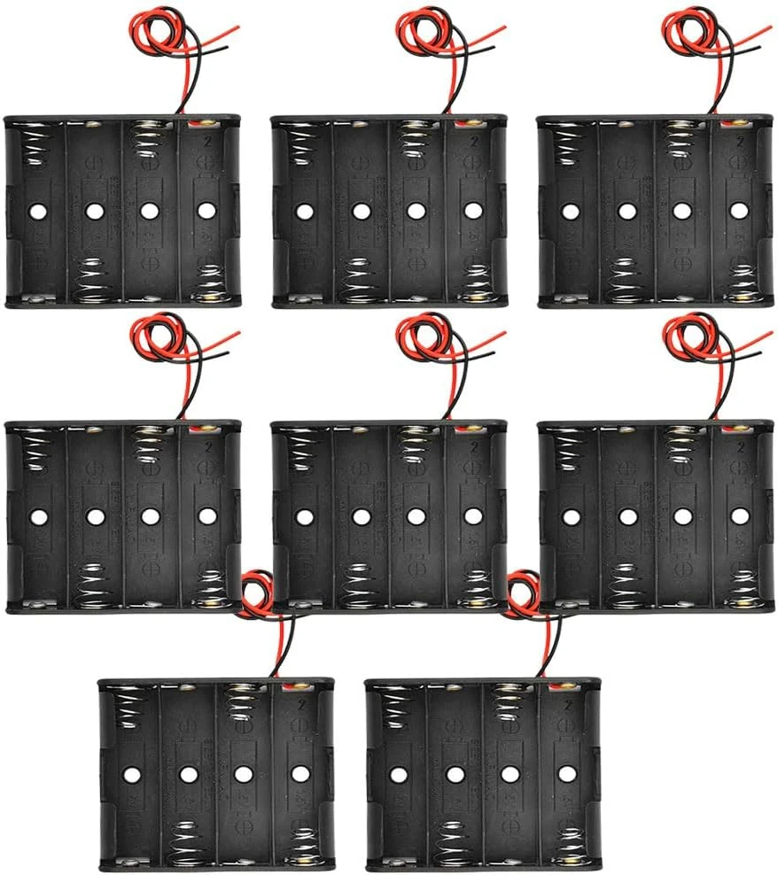 (Pack of 8) 4 AA Battery Holder with Leads - 6V (4 X 1.5V) Plastic Battery Case for DIY Electronics Projects, Toys