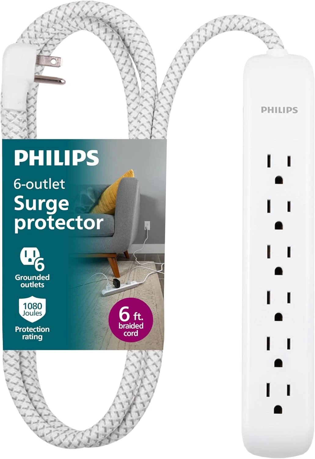 Philips 6 Outlet Power Strip Surge Protector, 6 Ft Power Cord (SPC3054WA/37)