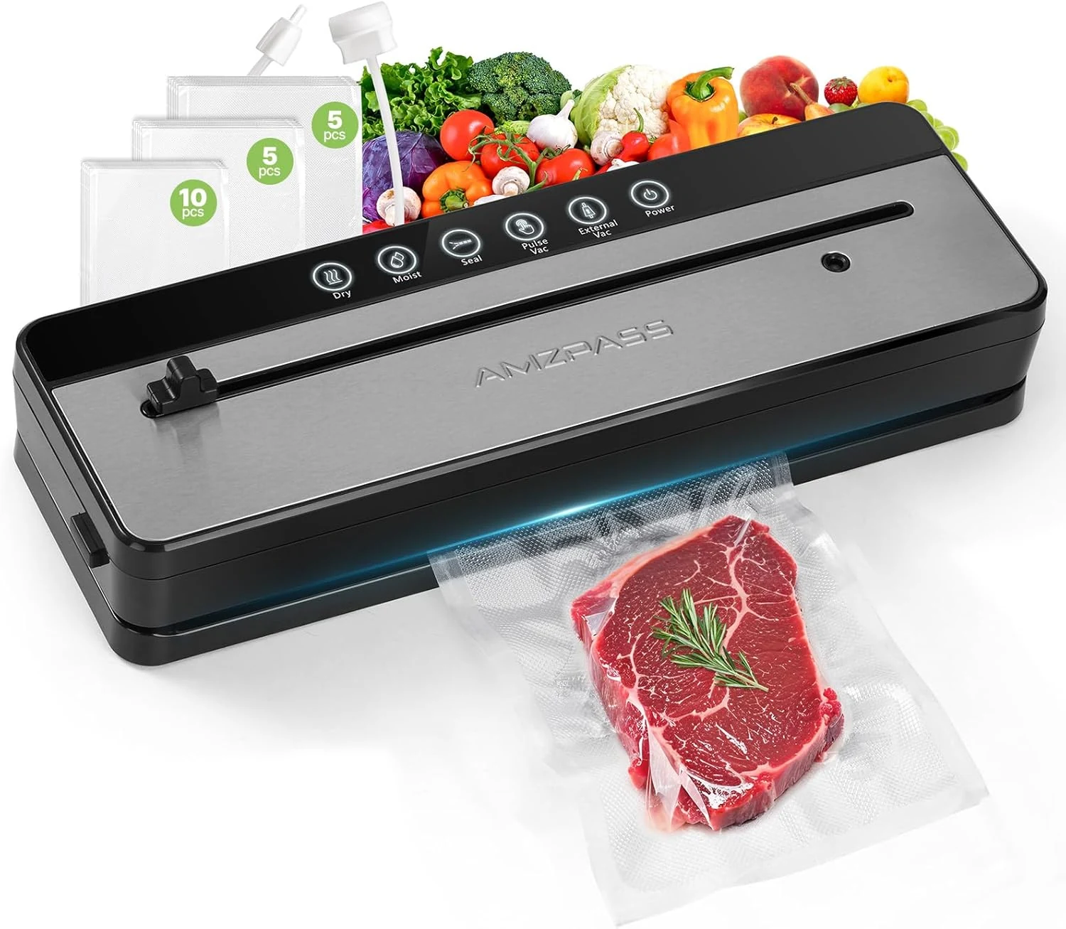 Amzpass vacuum sealer for food, 6-in-1 food vacuum sealer machine (built-in cutter)