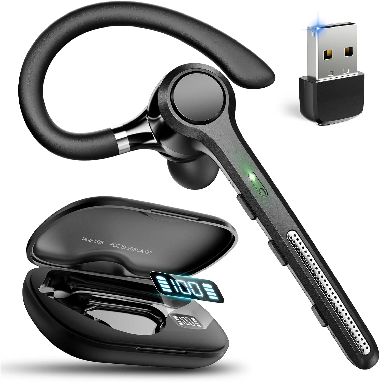 Ngsod Bluetooth Headset V5.4, Bluetooth Earpiece with 500mAh Charging Case, 50H Talk Time Wireless Headset with Mic for Computer Cell Phones, Hands Free Noise Canceling Headphones for Work-Black