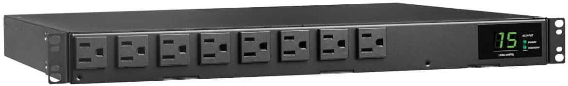 Tripp Lite Metered PDU, Auto-Transfer Switch (ATS), 15A, 120V, 1.44kW, Single-Phase - 8 Outlets (5-15R), Dual 12ft 5-15P Input Cords - 1U Rackmount, TAA Compliant, 2 Year Warranty (PDUMH15ATS)