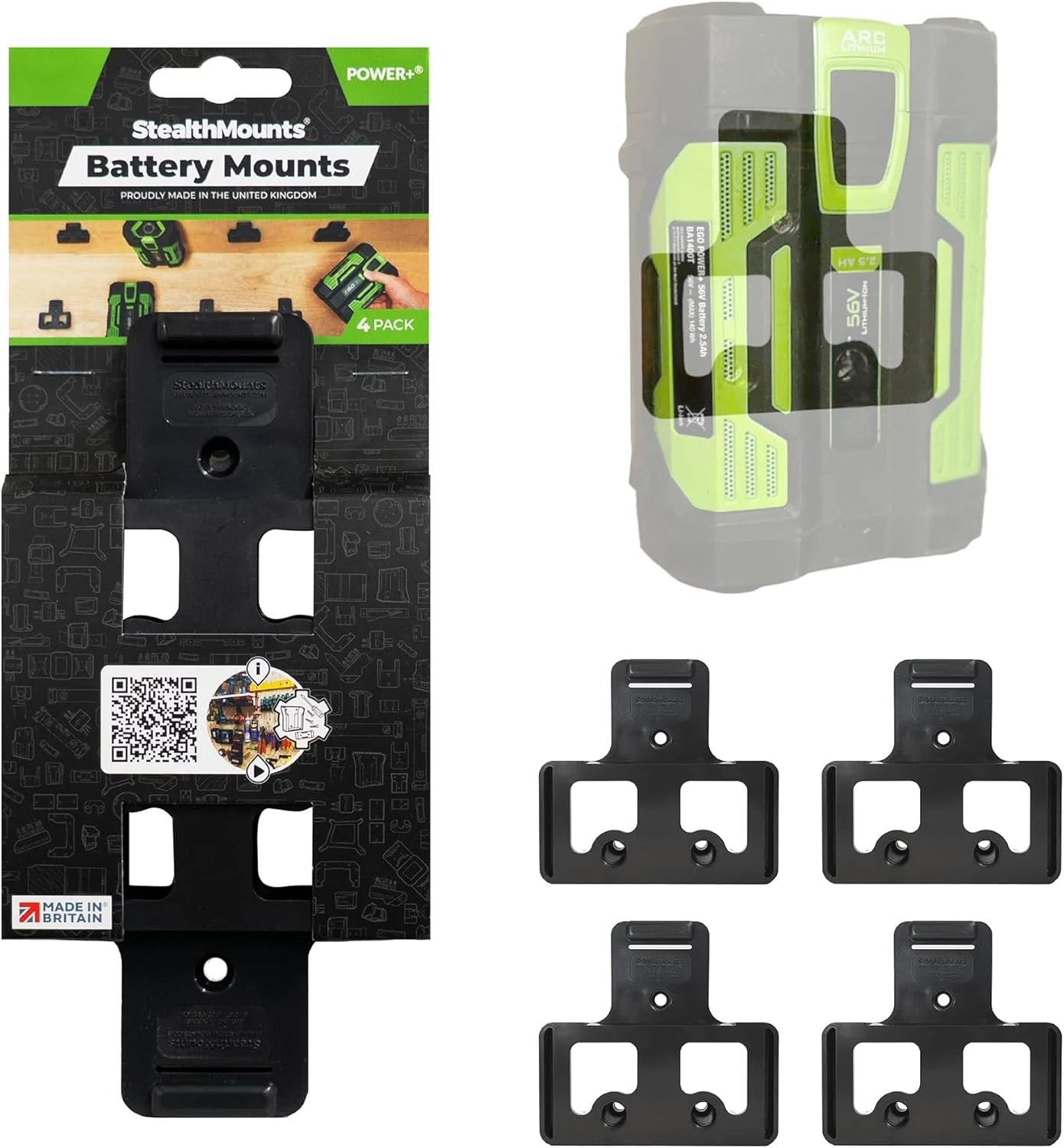 StealthMounts Battery Holder Compatible with EGO 56V (4 Pack) - Black Battery Mounts for EGO