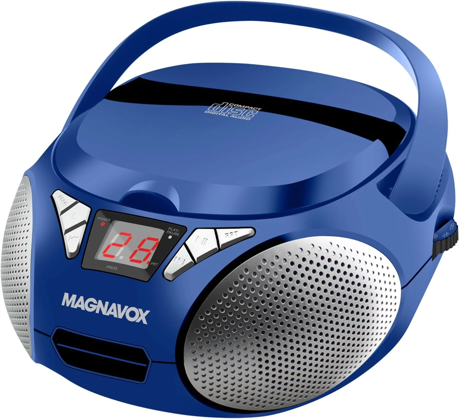 Magnavox Portable Top Loading CD Boombox with AM/FM Stereo Radio in Black | CD-R/CD-RW Compatible | LED Display | AUX Port Supported | Programmable CD Player (Blue)