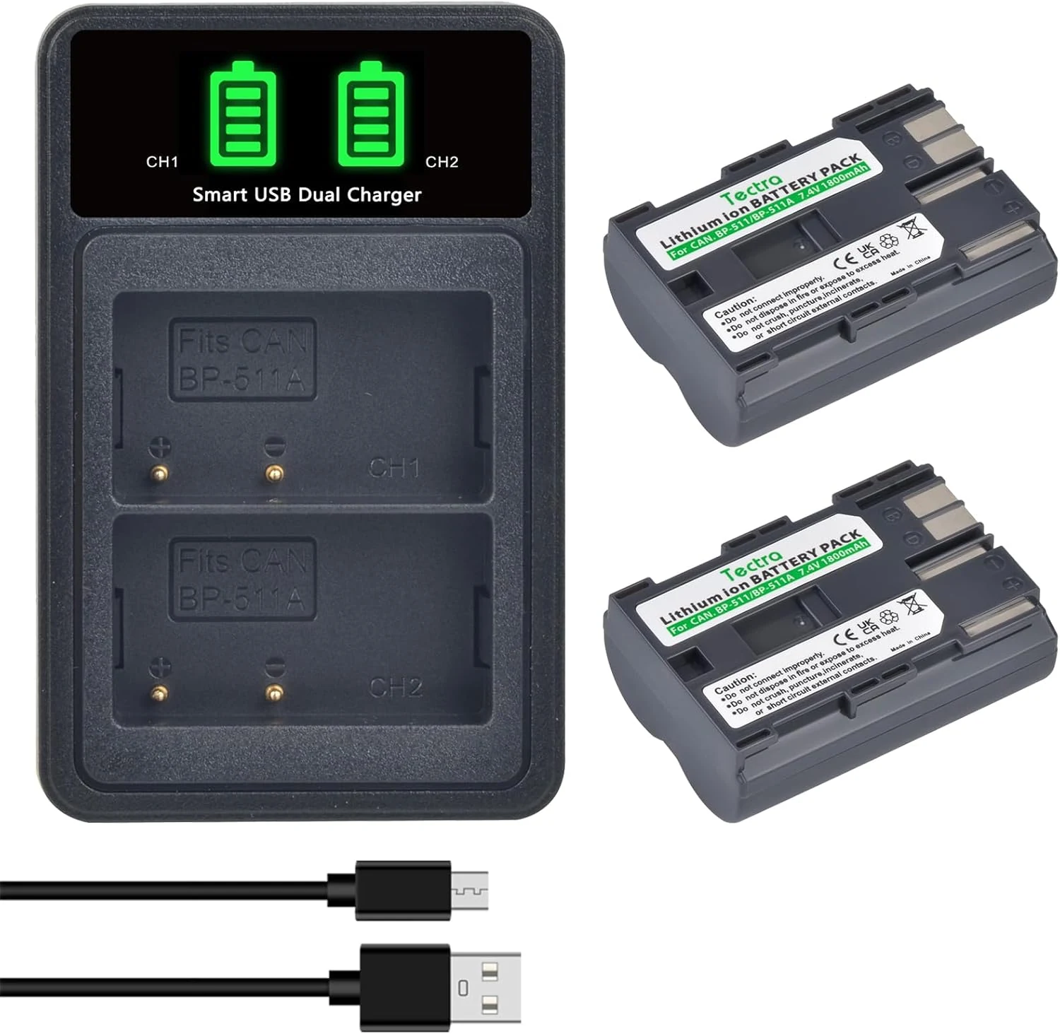 Tectra 2-Pack BP-511 BP-511A Battery and Charger for Canon EOS