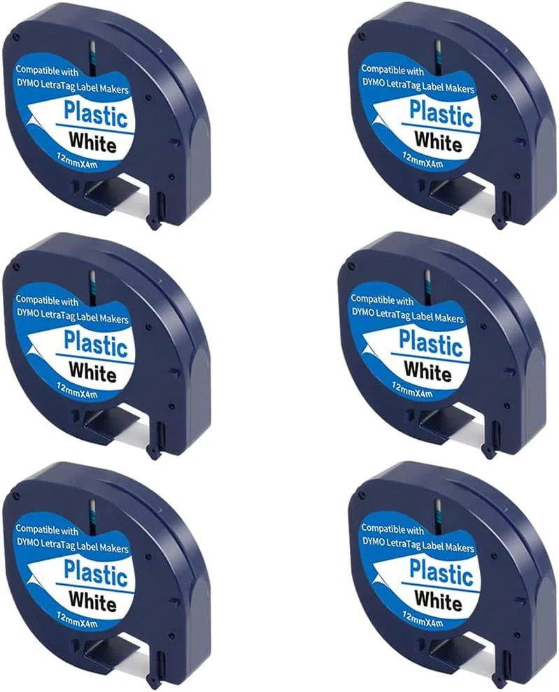 6-Pack 91331 White Plastic Label Tapes Replace for DYMO LetraTag Label Maker Refills (Black on White, 12mm x 4m)