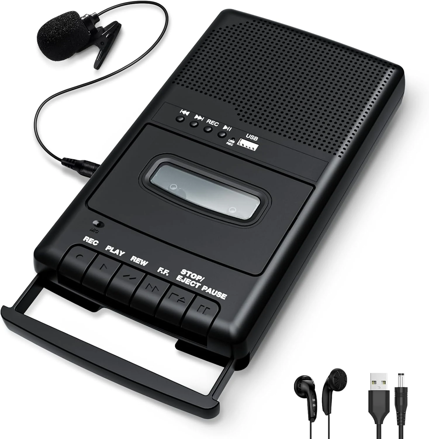 Cassette Player Recorder & Converter,Recording to USB/Tape from Mic, Convert Tapes to WAV Digital via USB Drive, Portable Tape Player with Collar Mic, Retractable Handle, 3.5MM Earphone Jack, REM Port