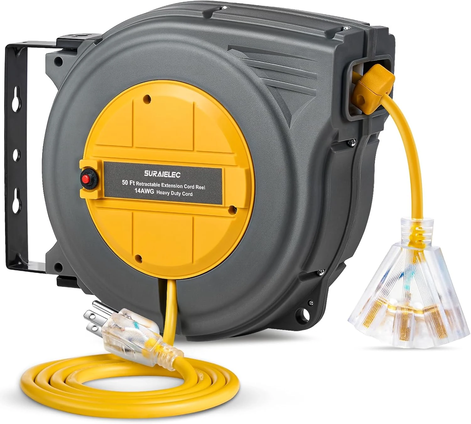 SURAIELEC 50 FT Retractable Extension Cord Reel, 14AWG/3C SJTW Power Cord Storage Reel, 3 Outlets Triple Tap, 13A Circuit Breaker, Wall Mount/Ceiling Hanging for Workshop, Garage, ETL Listed
