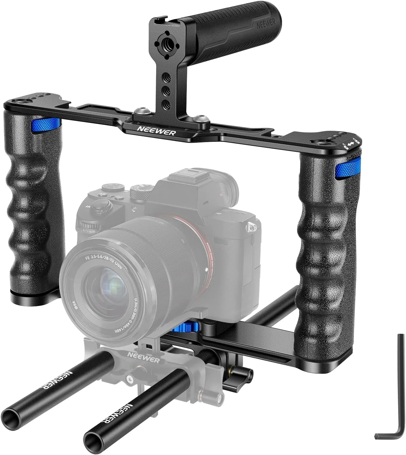 NEEWER Aluminum Alloy Camera Cage, Filmmaking Rig with Top Handle, Dual Grips & Arca Type Base (VS107)