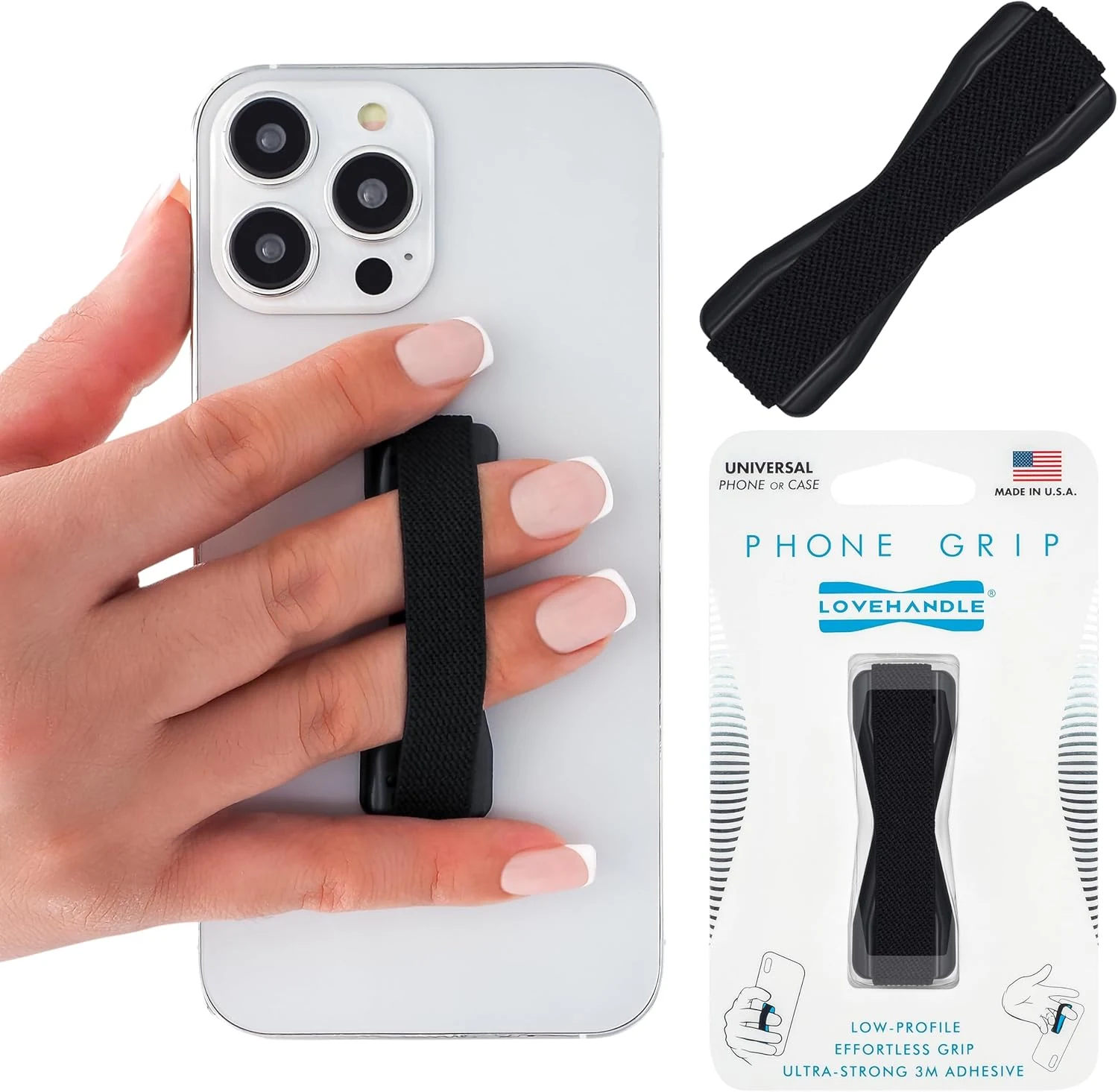 LOVEHANDLE Universal Phone Grip for Smartphones & Mini Tablets (Solid Black)