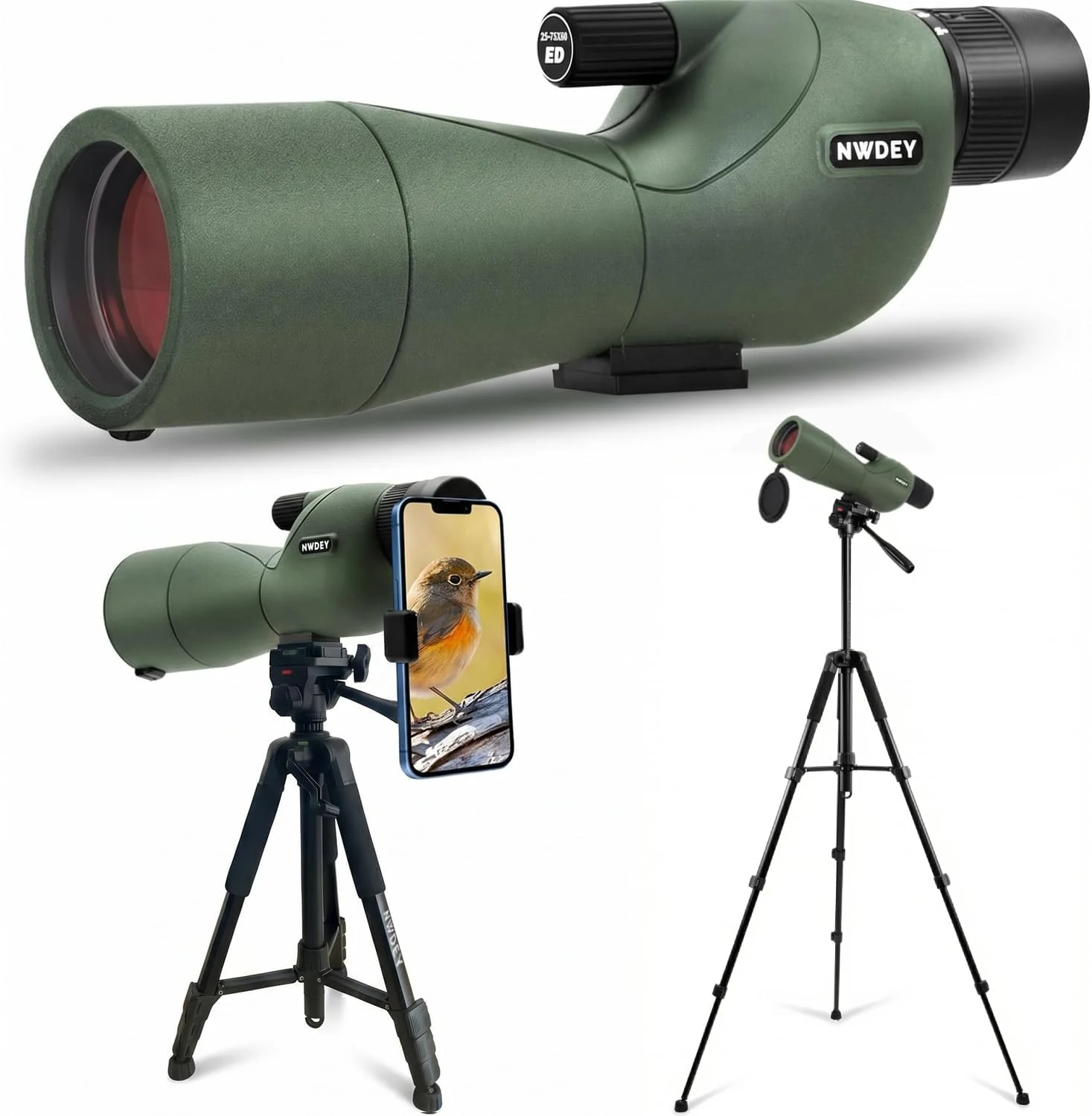 NWDEY 25-75X60 Spotting Scope with Upgraded 60in Tripod, BAK4 Prism & FMC 60mm Lens