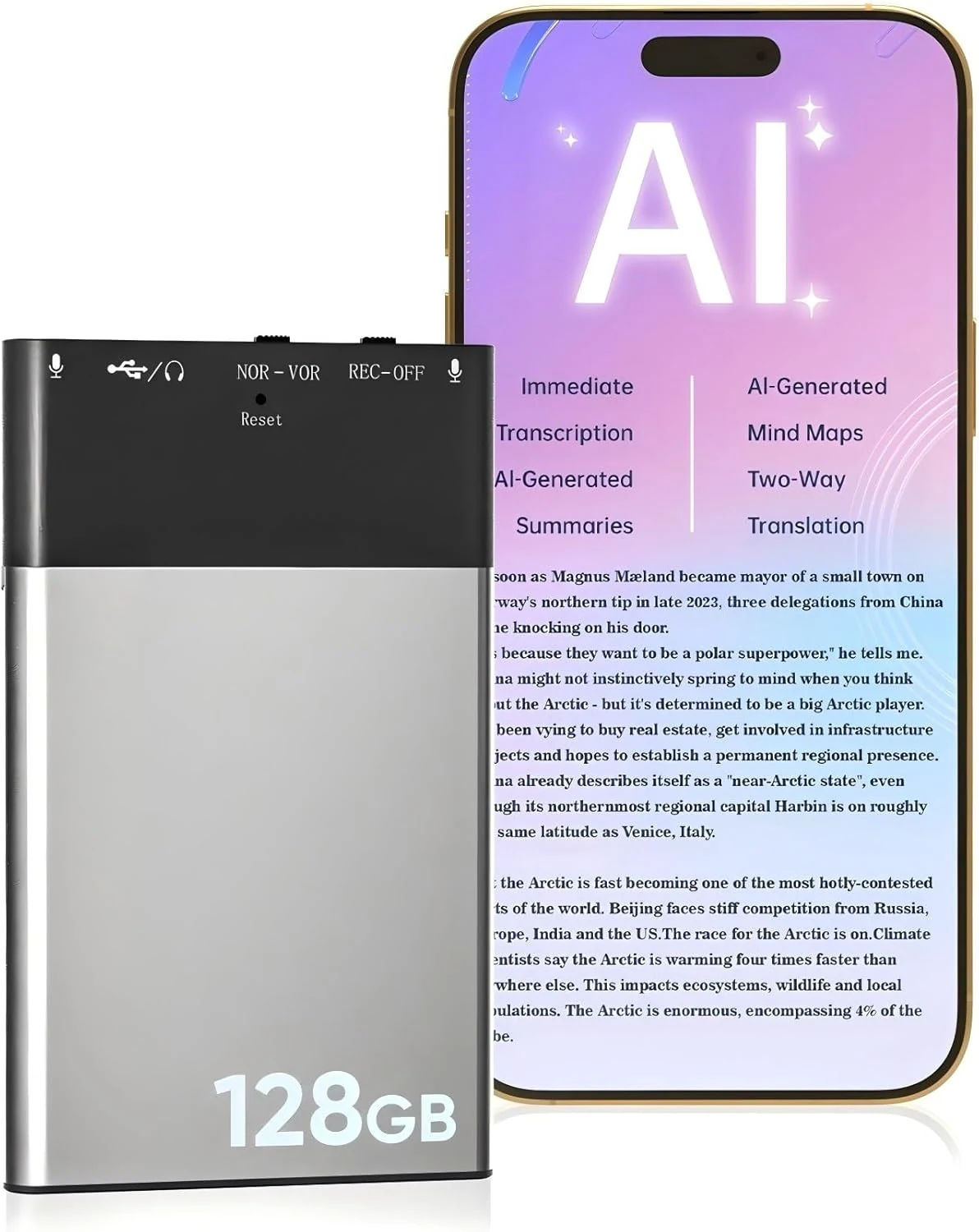128GB AI Voice Recorder, Note Voice Recorder - Transcribe & Summarize, AI Noise Cancellation Technology, Supports 118 Languages, APP Control Audio Recorder for Lectures, Meetings, Calls