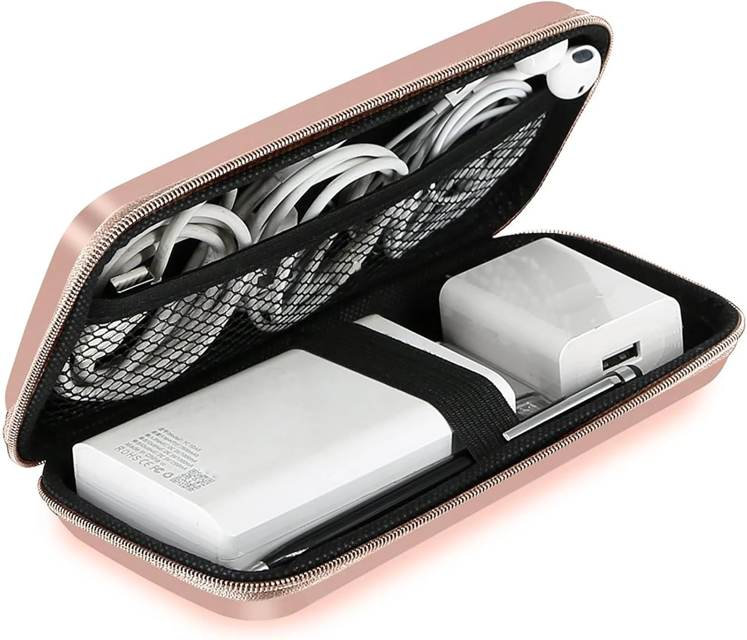 iMangoo Travel Essential Electronics Organizer Pouch Charger Case, Shockproof Dual Zipper Power Bank Cables Tech Accessories Purse, Men & Women Travel Must Have Storage Bag, 6.5x3.2x1 inch Rose Gold