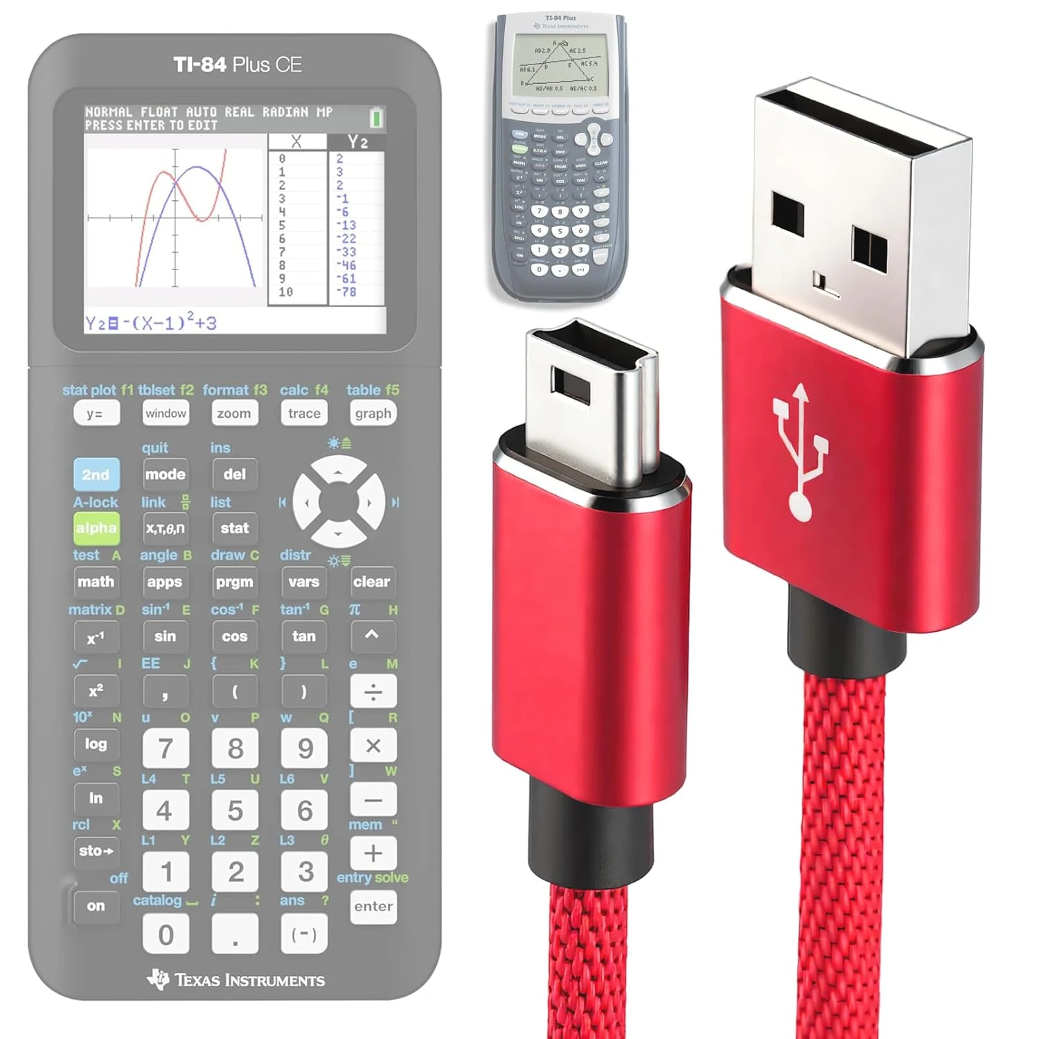 USB Power & Data Cable for TI-84 Plus CE Graphing Calculators (Mini-USB, 3.3FT, Nylon Braided)