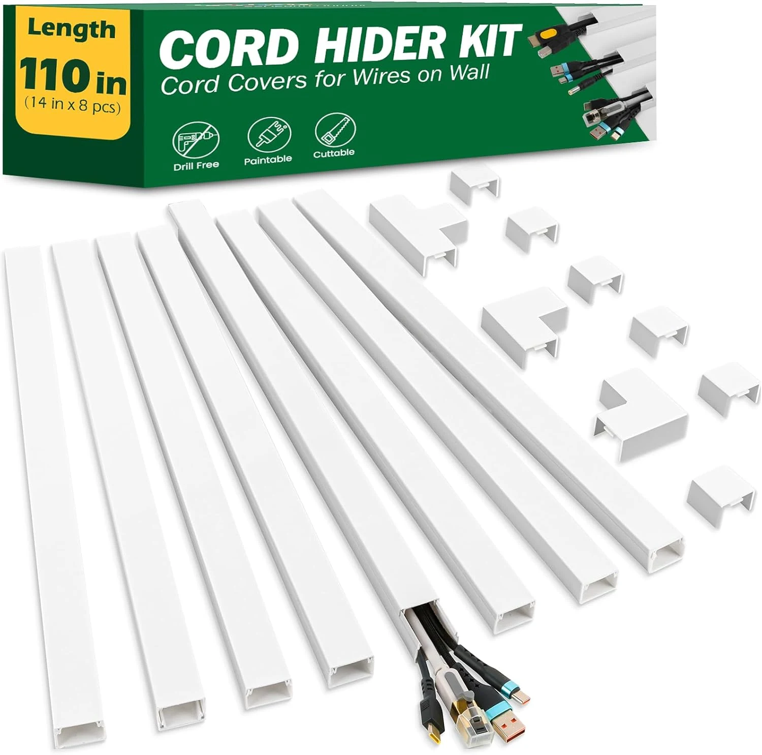 AZEN Cord Hider Kit, 110in Cord Covers for Wires on Wall