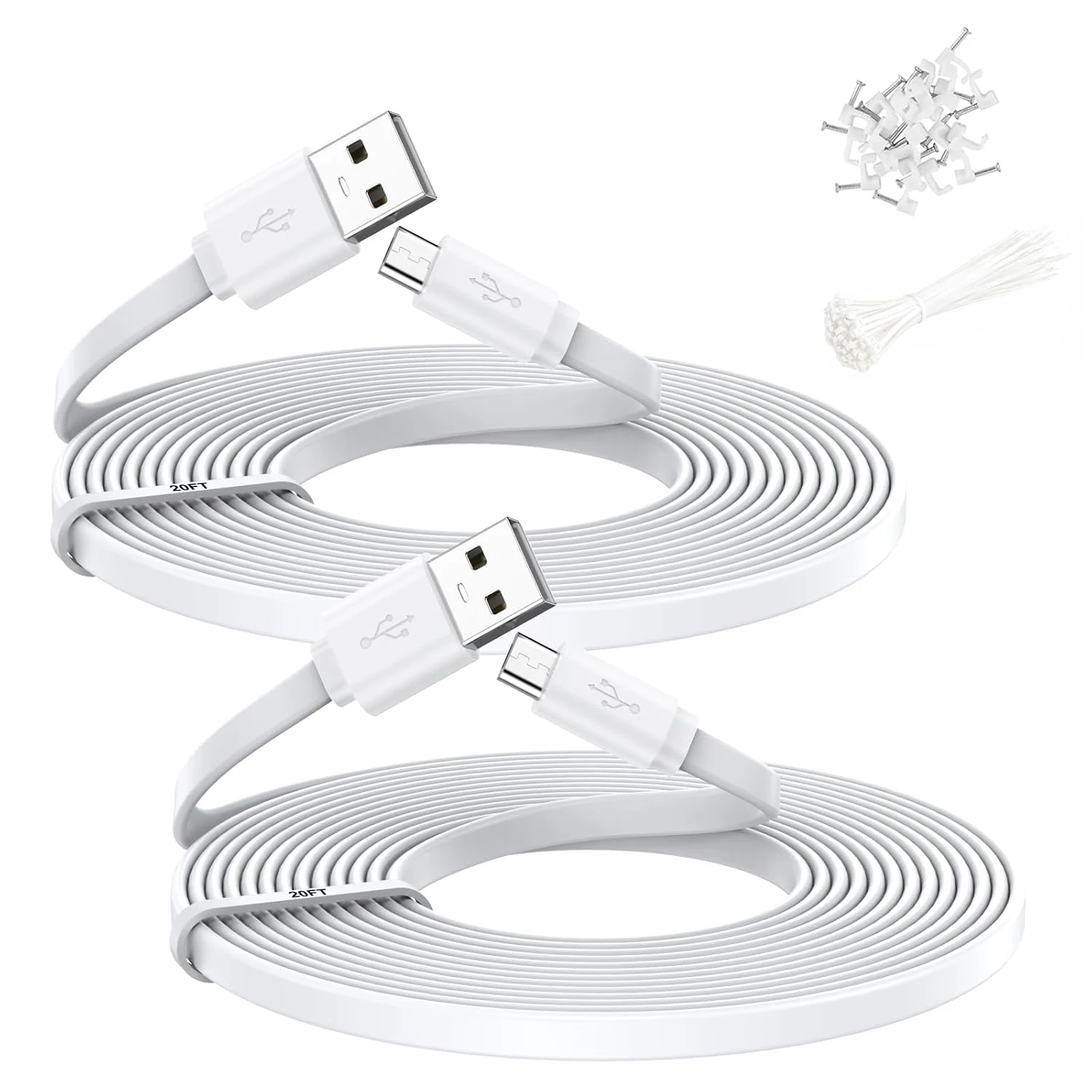 2 Pack 20FT Power Extension Cable,Flat Extension USB to Micro USB Charging Cord