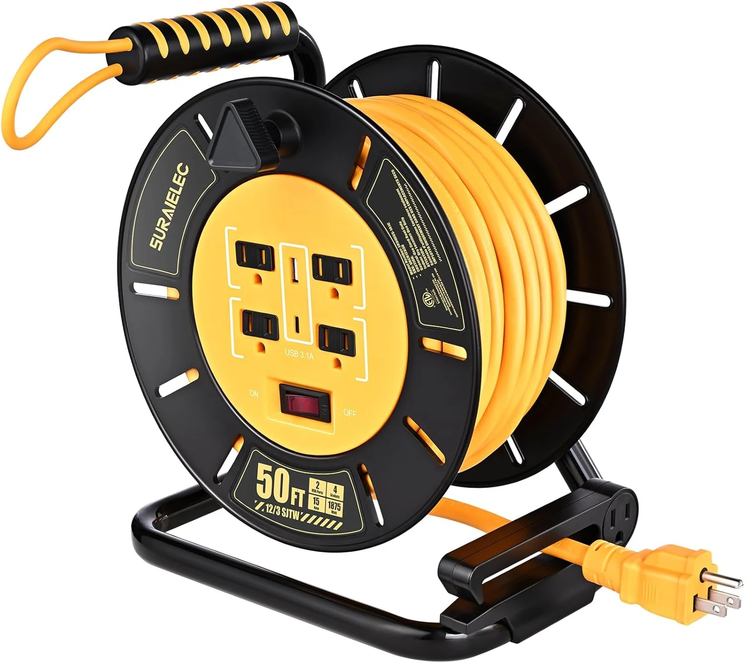 SURAIELEC 50 FT Retractable Extension Cord Reel, 12AWG Heavy Duty