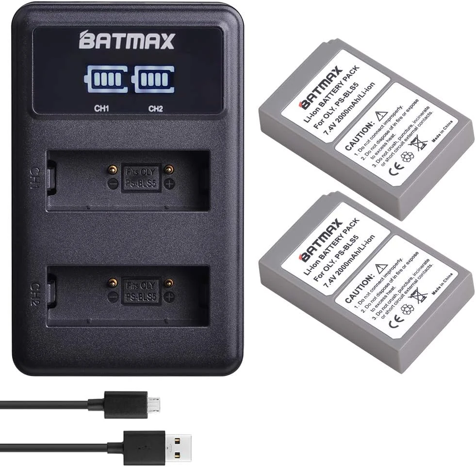 Batmax 2000mAh 2Pcs BLS-5 BLS-50 PS-BLS5 Battery + LED Dual USB Charger