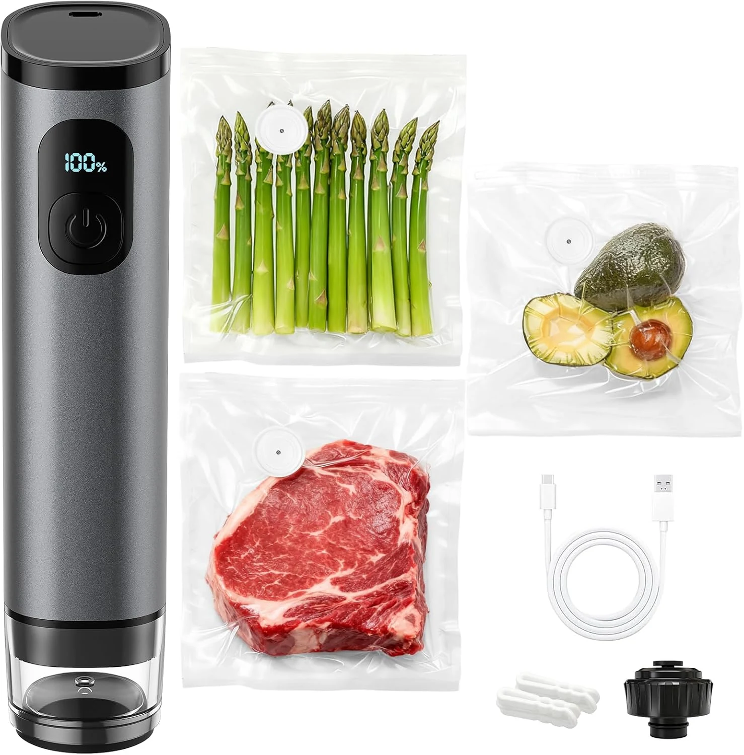 Premium Metal Handheld Vacuum Sealer, Vacuum Sealer for Food with Power Display & Detachable Tank, 60kPa Strong Suction, Includes 30 Reusable Bags & Wine Stopper for Food Preservation- Gray