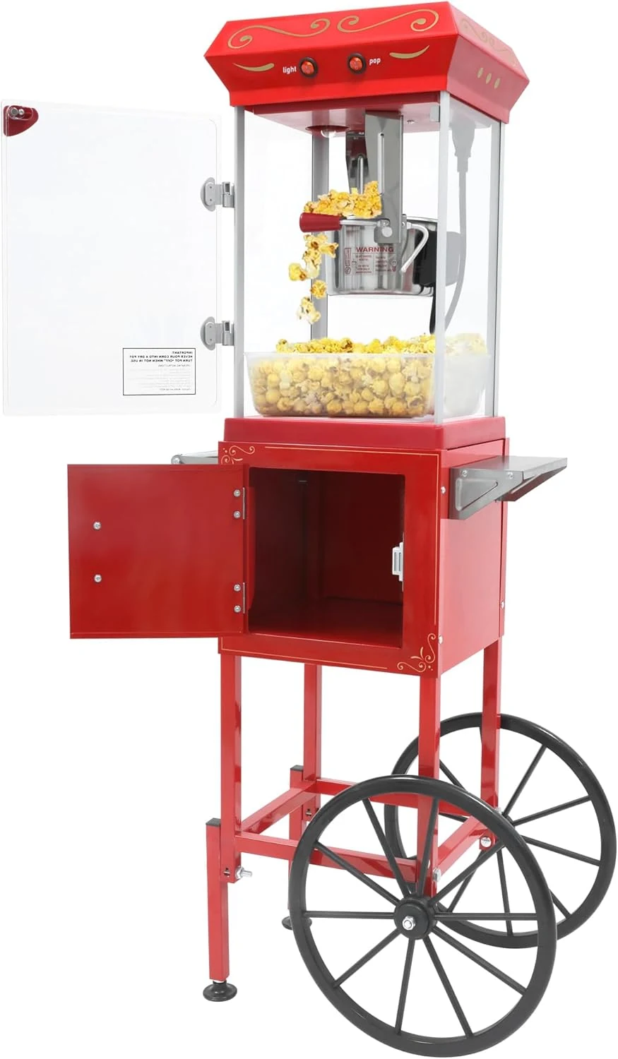 Popcorn Maker Machine (9OZ Stainless Steel Kettle) with Cart Wheels, Retro Theater Style