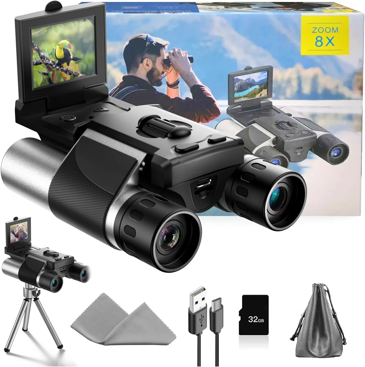 Anminto Digital Binoculars with Camera (8X Zoom, 2" LCD, 40MP/2.5K, 32GB SD)