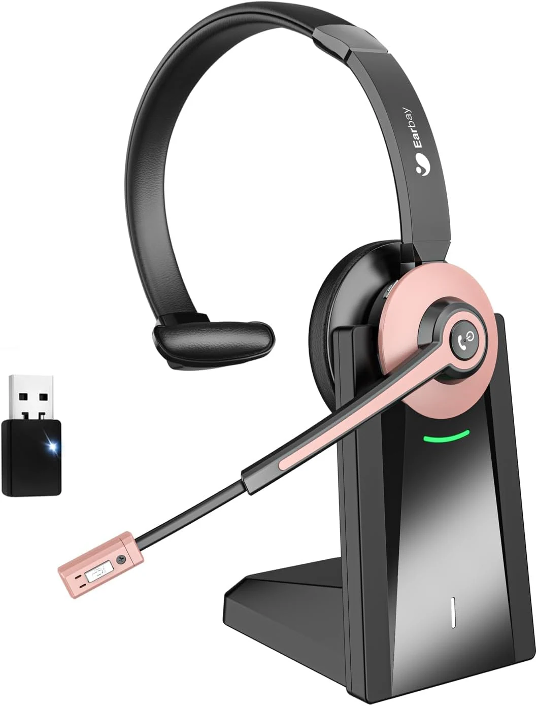 Earbay wireless headset with mic for work (single-ear Bluetooth + USB dongle)