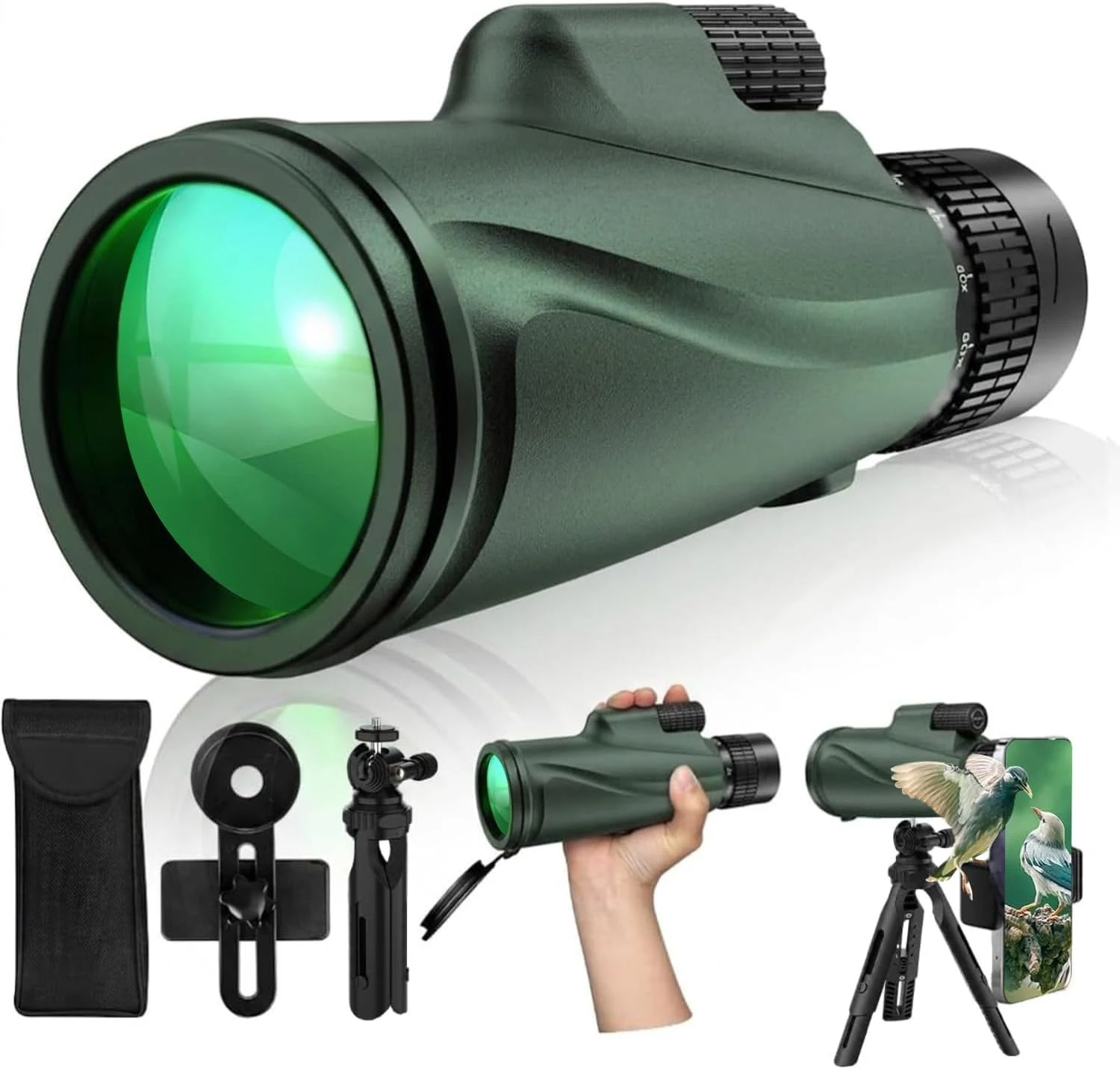 Monocular Telescope 80x100, Wide Field HD Monoculars for Adults with Tripod & Phone Adapter - Green