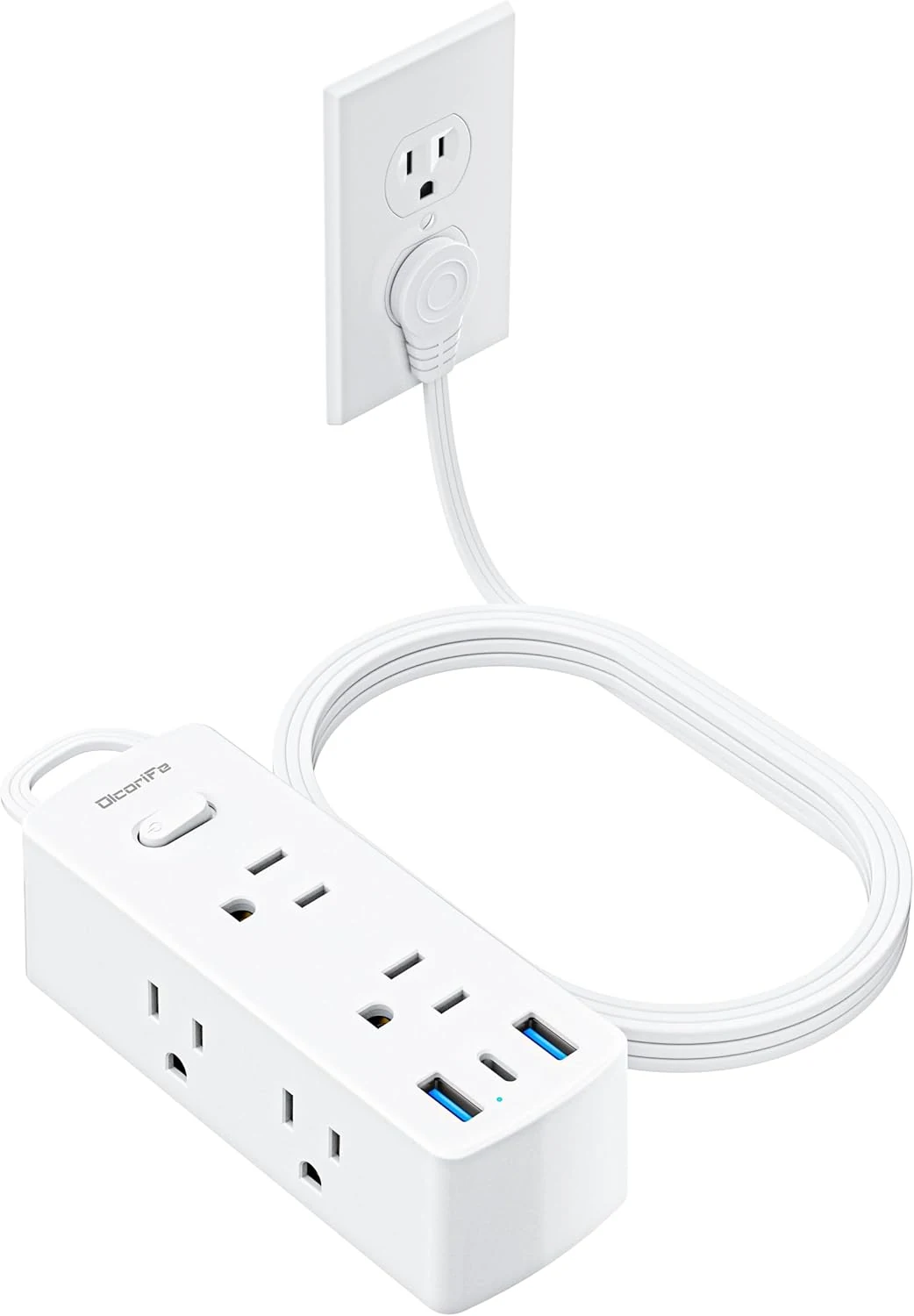 Olcorife Flat Plug Power Strip with 5 FT Extension Cord, 6 Outlets 3 USB Ports(1 USB C), 3 Sided Outlet Extender for Home Office Travel Dorm Room Essentials, White