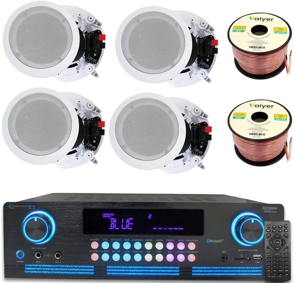 Technical Pro Home Theater Sound System Kit - 2000 Watts Bluetooth Amplifier w/ 4 Qty of 8" Framed Ceiling Speakers 300 W Each, 200 ft Speaker Wire
