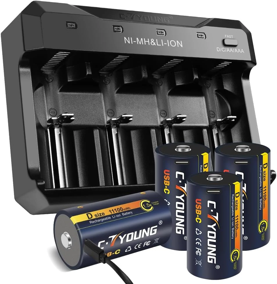 CTYOUNG Rechargeable D Batteries 1.5 Volt 4 Packs with Universal Battery Charger