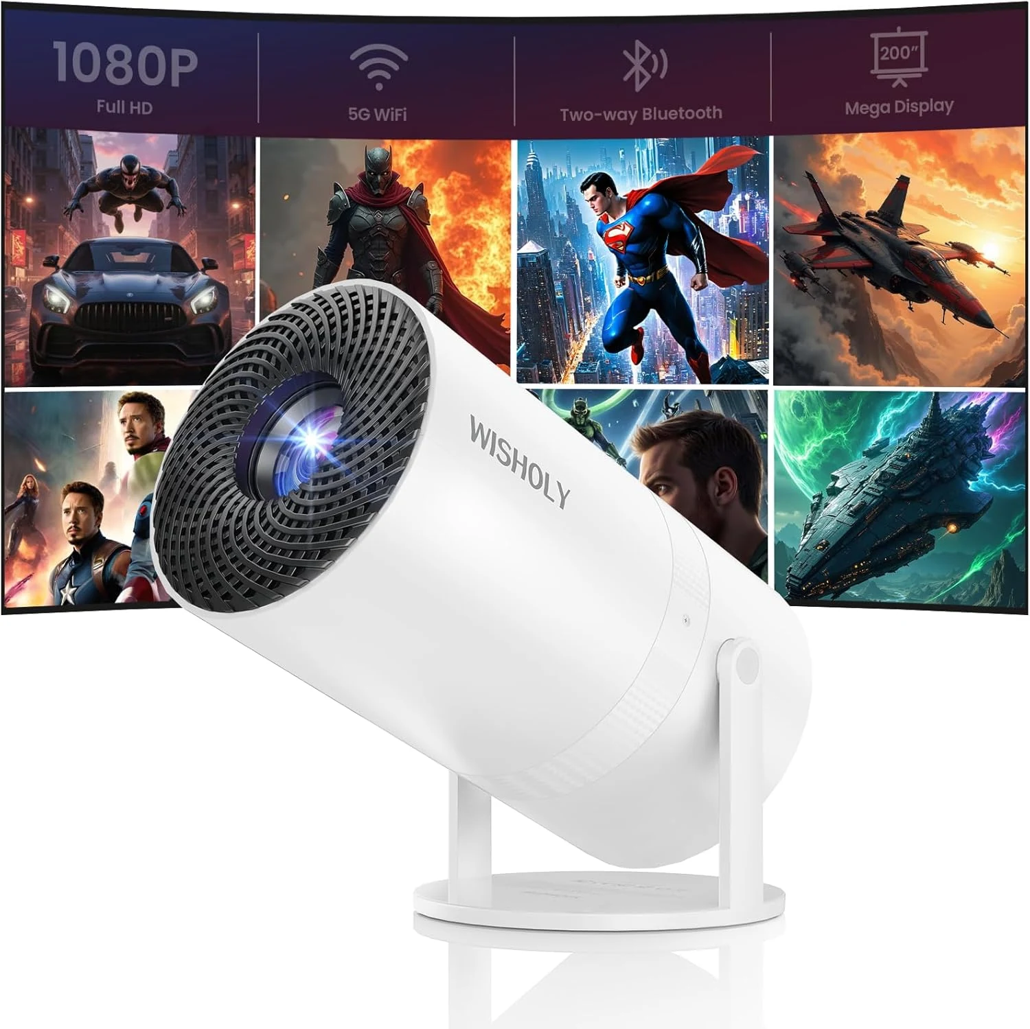 WISHOLY Mini Projector with WiFi and Bluetooth, Portable Movie Projector with 180° Rotatable, 1080P HD Supported, Auto Vertical Keystone, Compatible with Smartphone, TV Stick, Laptop, HDMI, USB