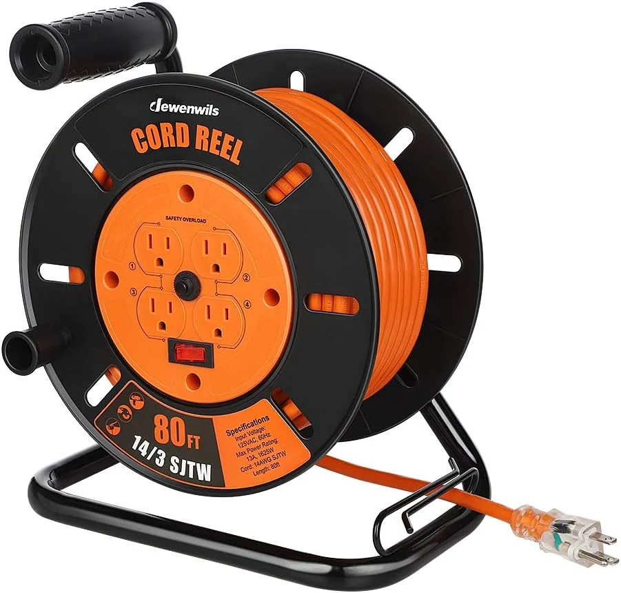DEWENWILS Retractable Extension Cord Reel, 80FT Heavy Duty Open Cord Reel (14/3 SJTW, 4 Grounded Outlets)