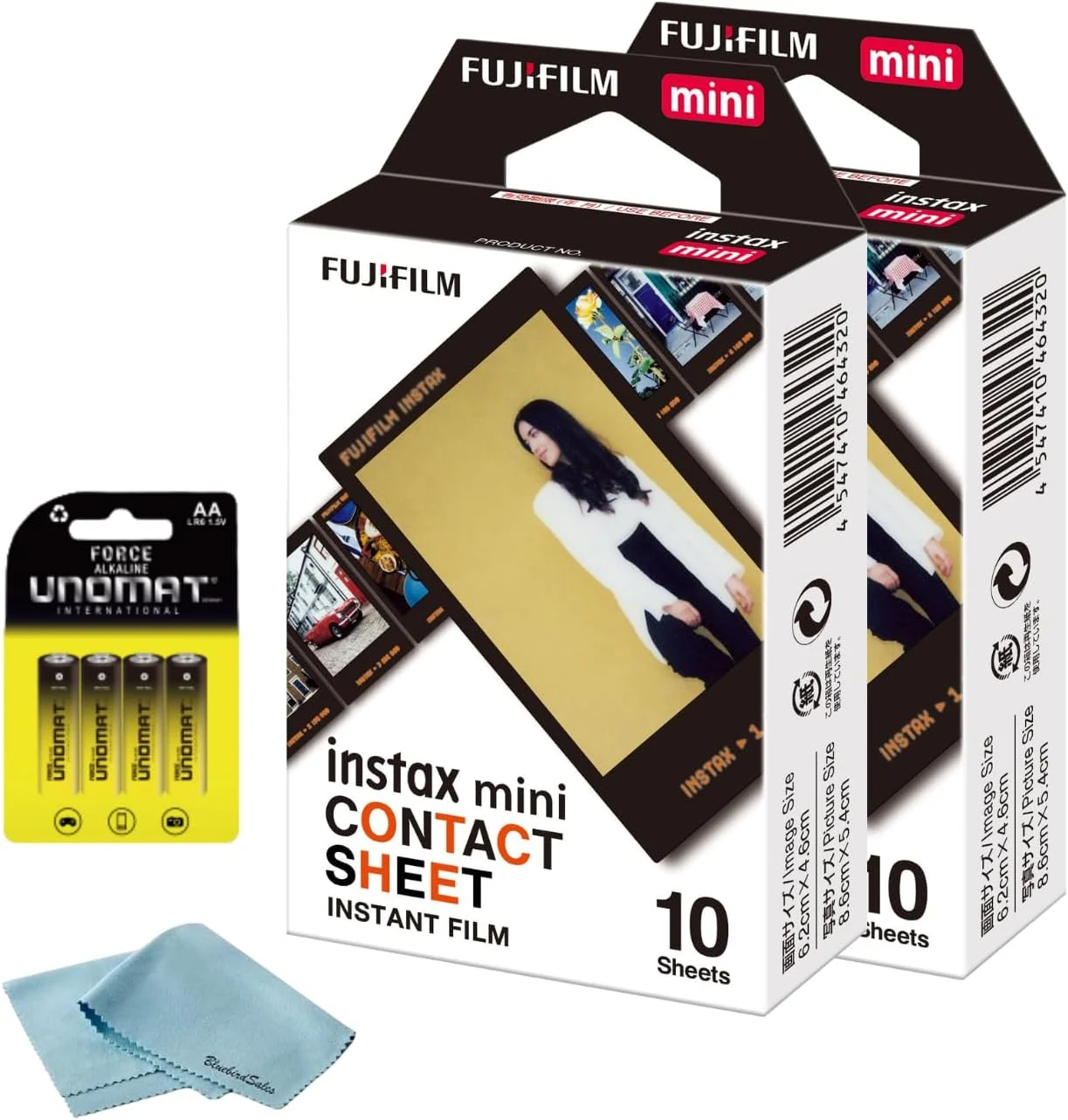 FUJIFILM Instax Mini Contact Sheet Instant Film (20 Shots) + 4 AA Batteries + BluebirdSales Microfiber Cleaning Cloth – Creative Photography Bundle (20 Shots Contact Sheet)