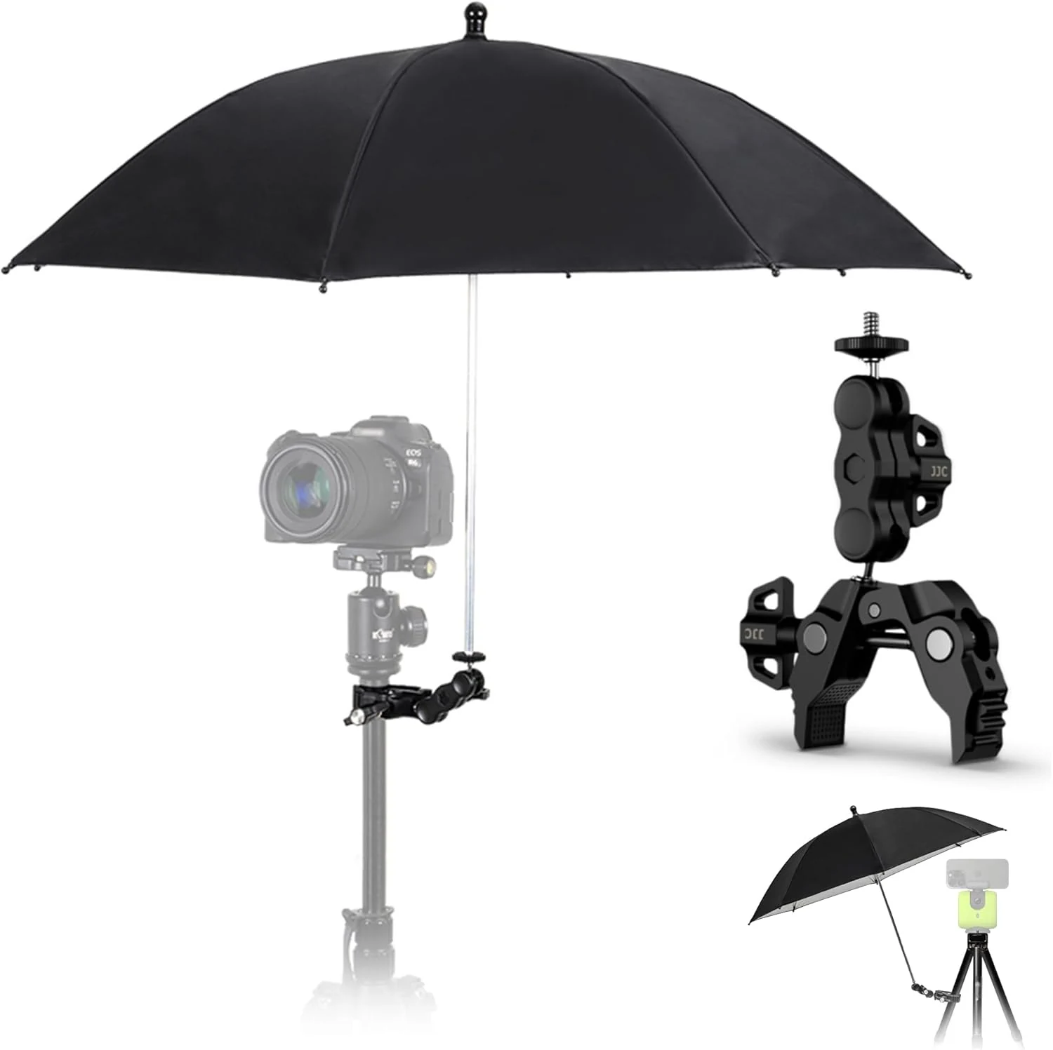 65CM/25.6" Camera Tripod Umbrella with Super Clamp, 360° Adjustable Camera Rain Cover Sun Shade Weather Guard Umbrella