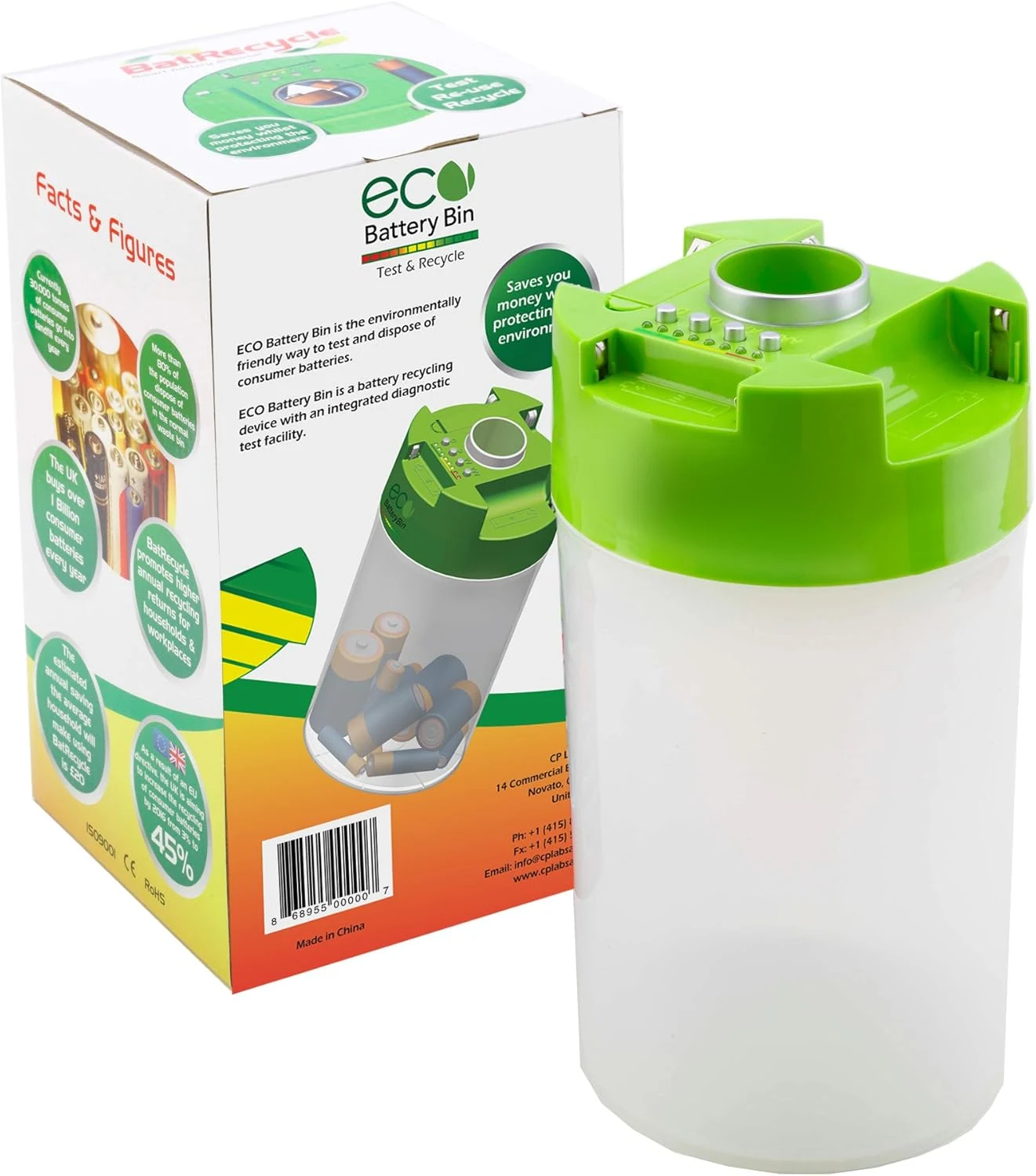 ECO Battery Bin Test, Store & Recycle AA, AAA, C, D Batteries