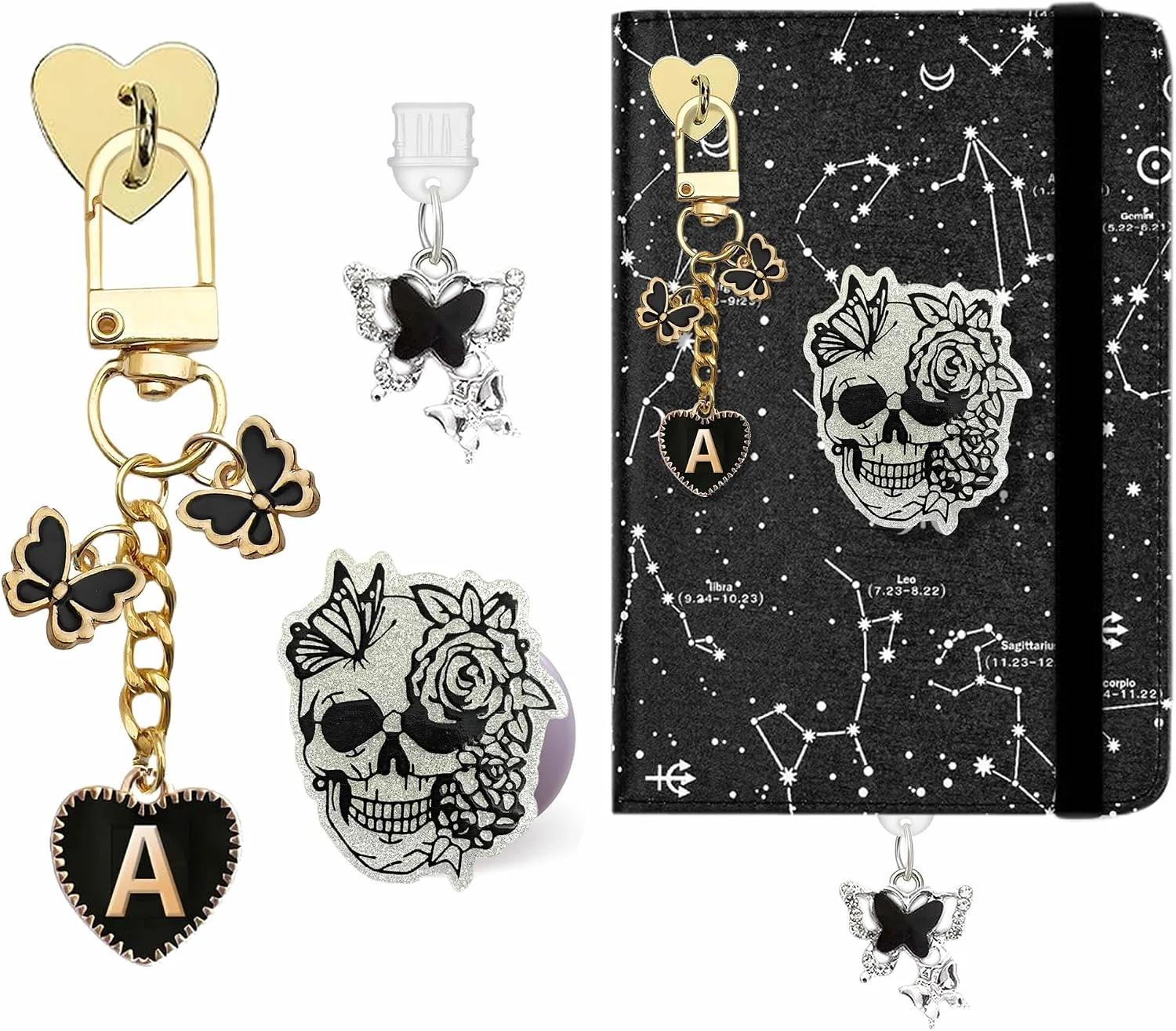 Charm Set for Kindle, Type-C Dust Plug with Butterfly Charm, Heart Grip Holder, Initial Keychain (Paperwhite 11th/12th Gen)