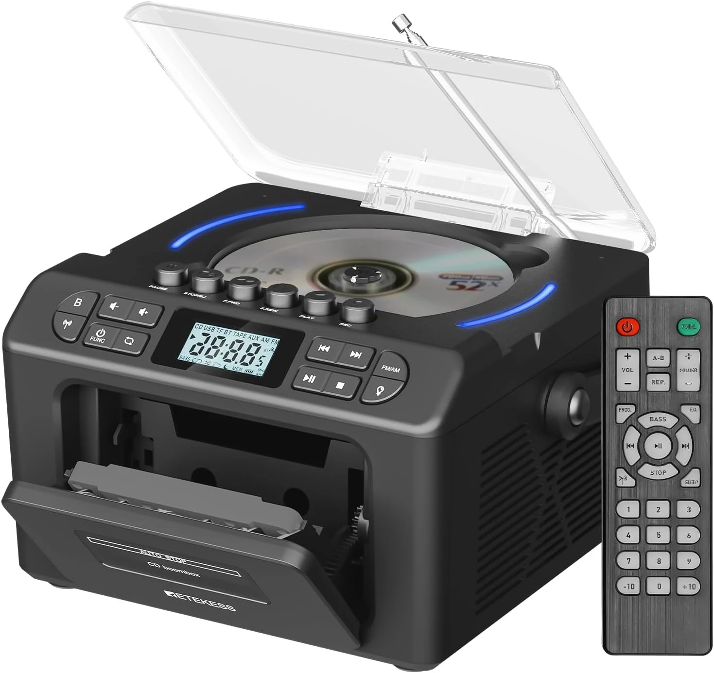 Retekess TR642 CD Player Boombox, CD Cassette Player AM/FM Radio, LED Ambient Lighting, 15H Long-Lasting, Dual-Speaker Stereo, Sleep Timer, USB/TF/AUX/Remote Control