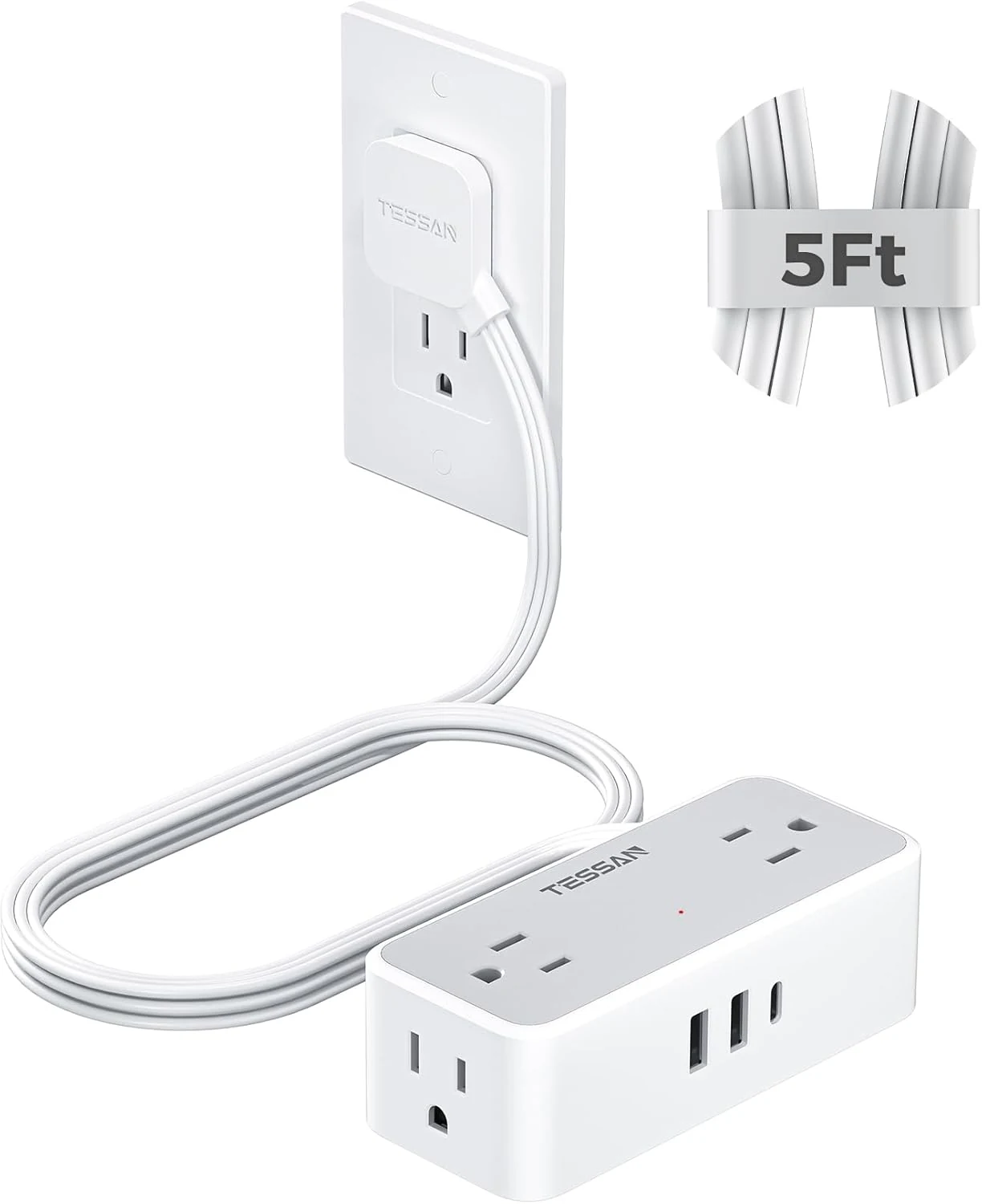 TESSAN Flat Plug Extension Cord 5 FT, Surge Protector Power Strip with 4 AC Outlets 1 USB C and 2 USB A Ports